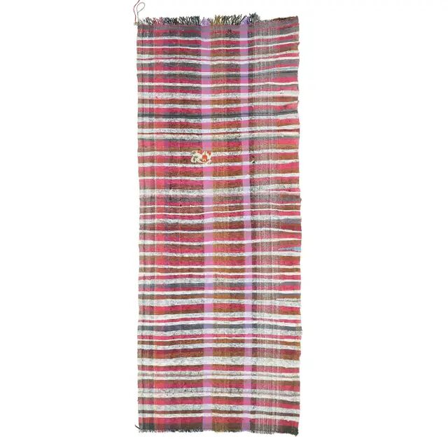 Vintage Turkish Hand-Knotted Wool Cotton Purple Kilim Runner Rug 125x322