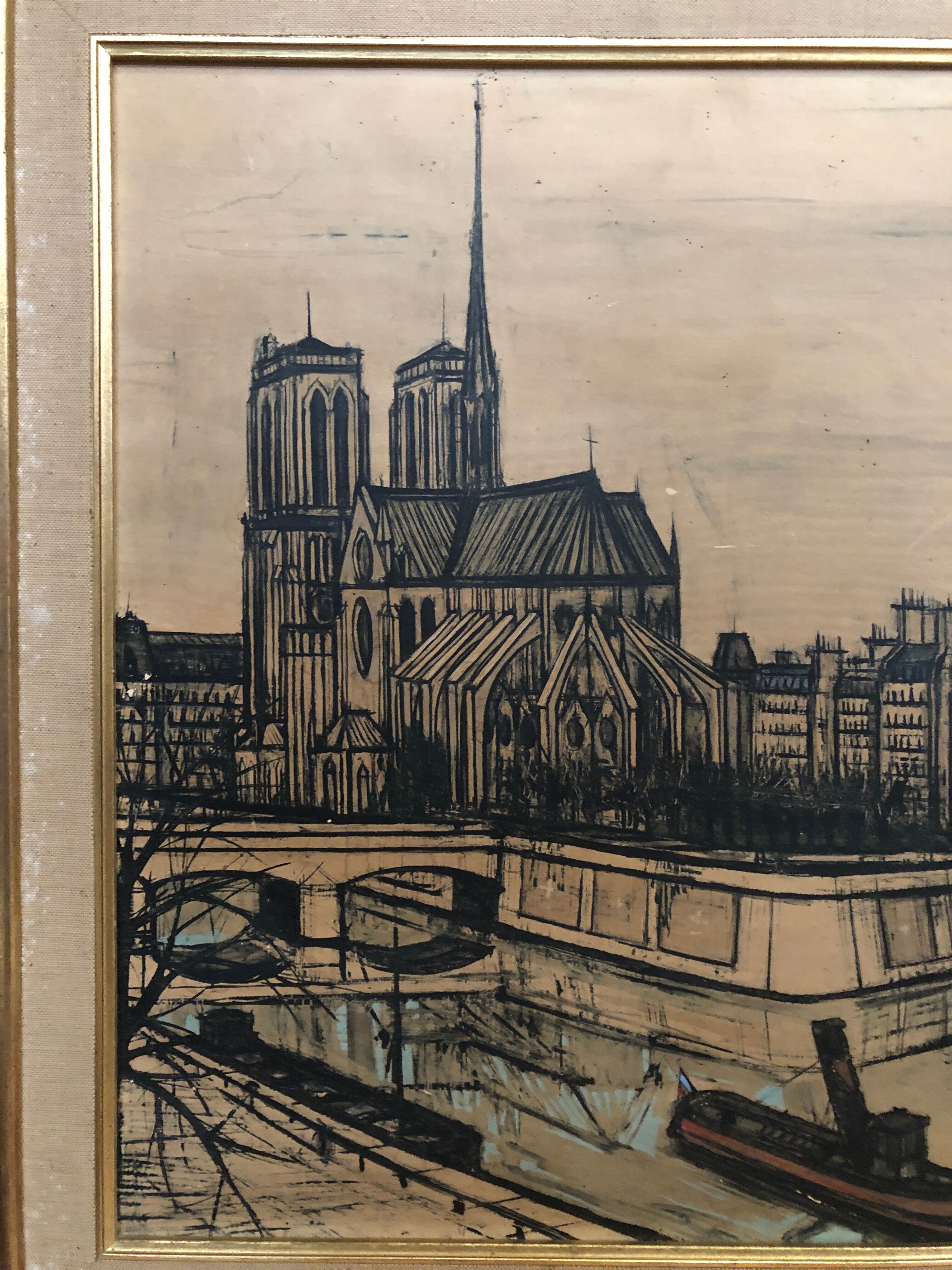 Old painting on canvas buffet 56 Notre Dame Paris + vintage wooden frame