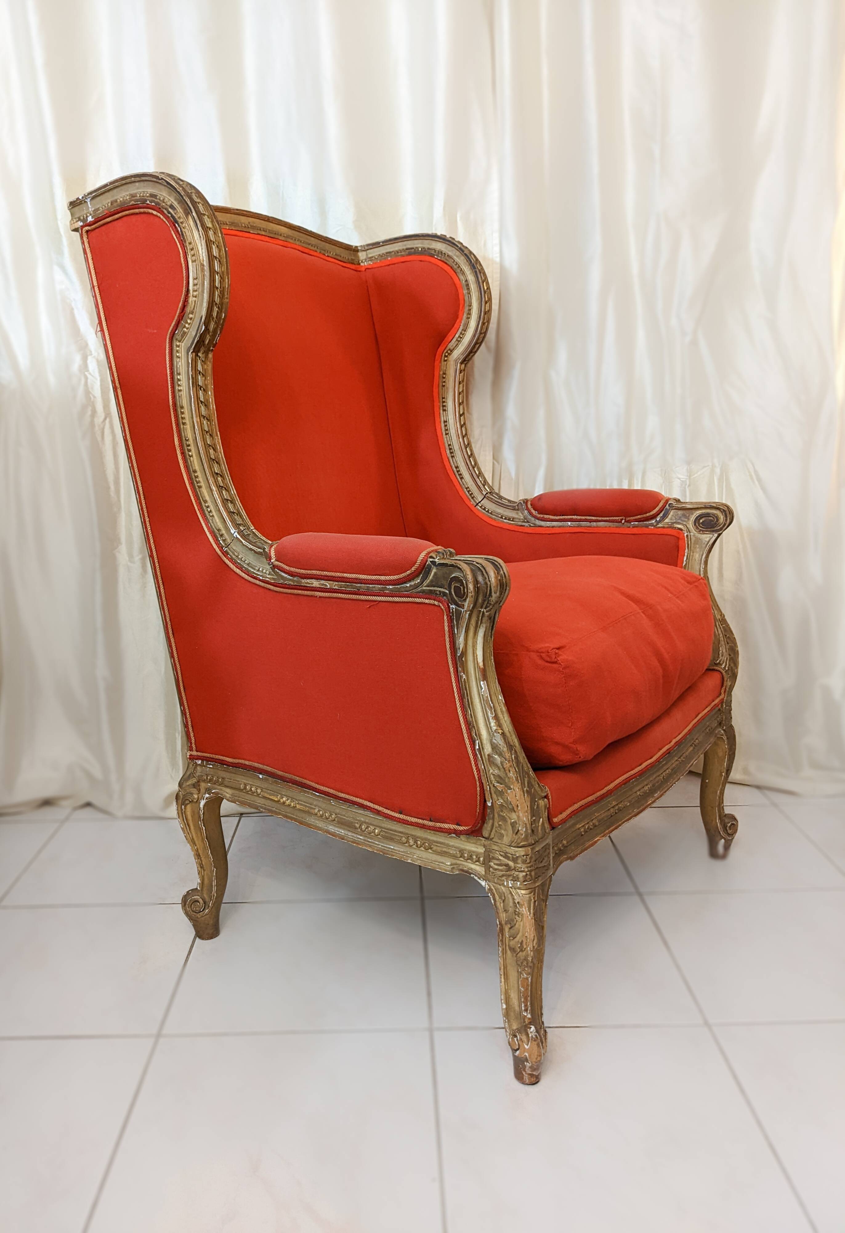 Wingback armchair in carved gilded wood signed Maison Dienst Paris 19th century