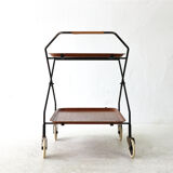 Mid-century modern foldable serving trolley with teak trays