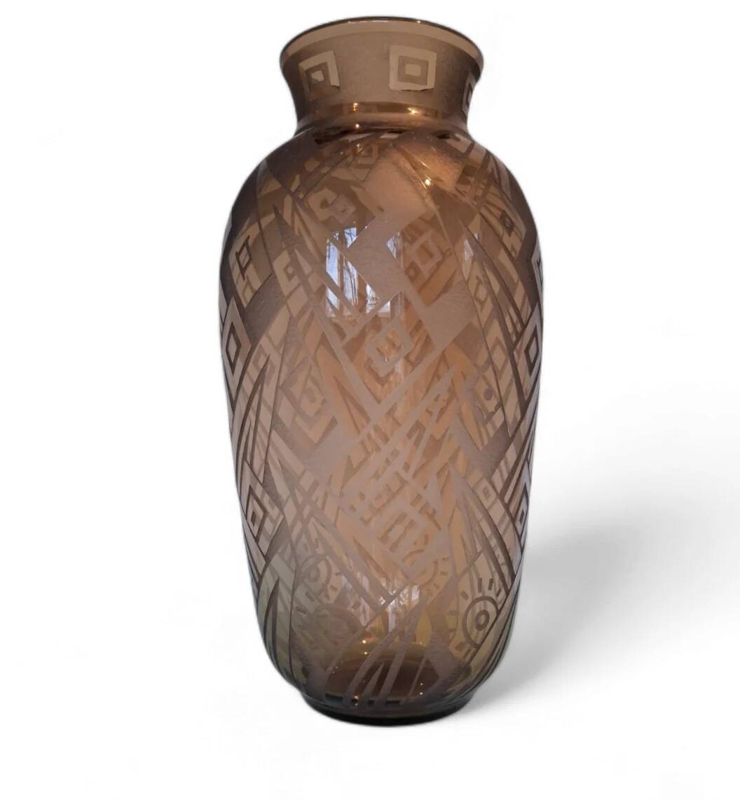Art Deco vase in acid-etched smoked geometric glass by Daum Nancy France
