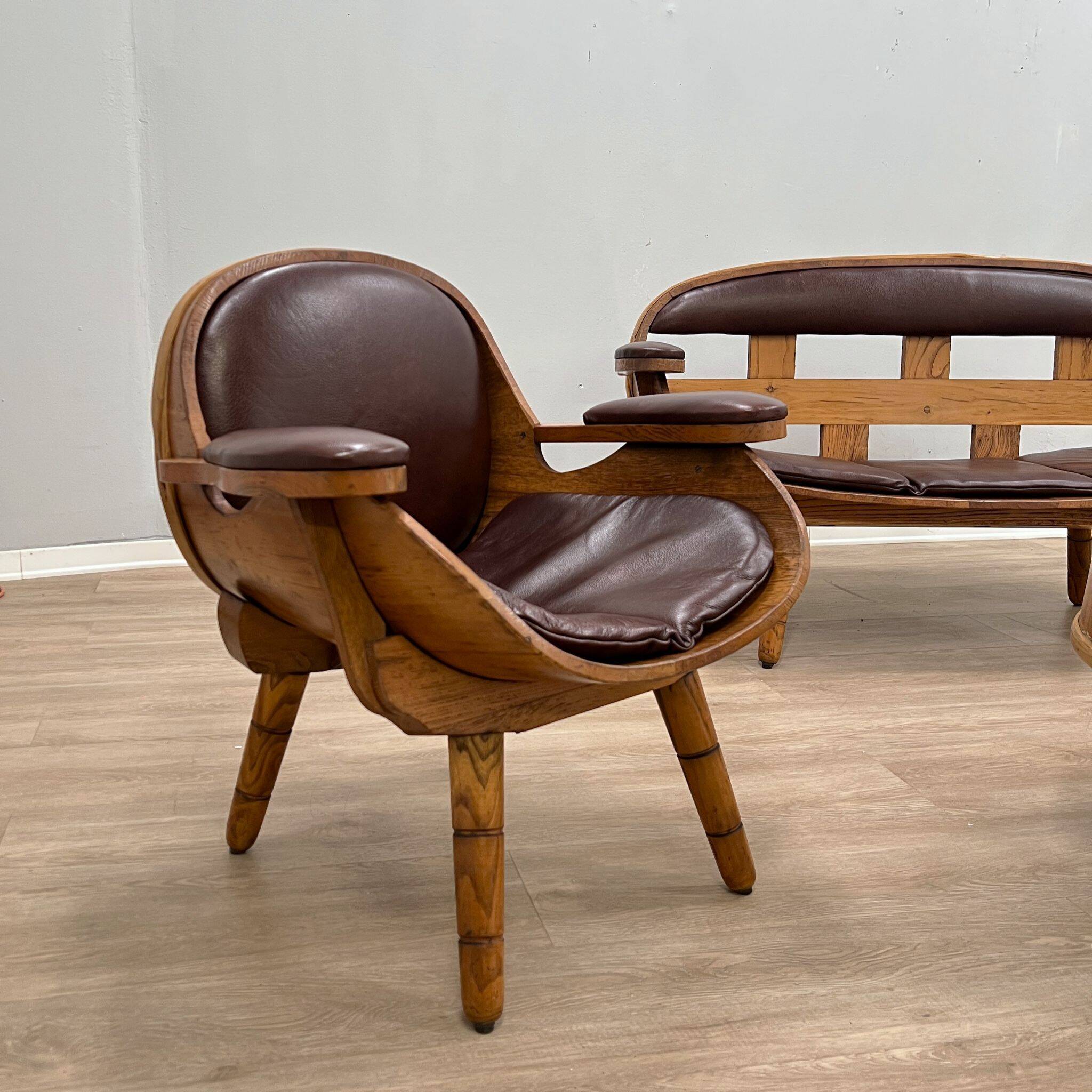 Rustic living room wooden barrel armchairs and sofa Italy 1970s