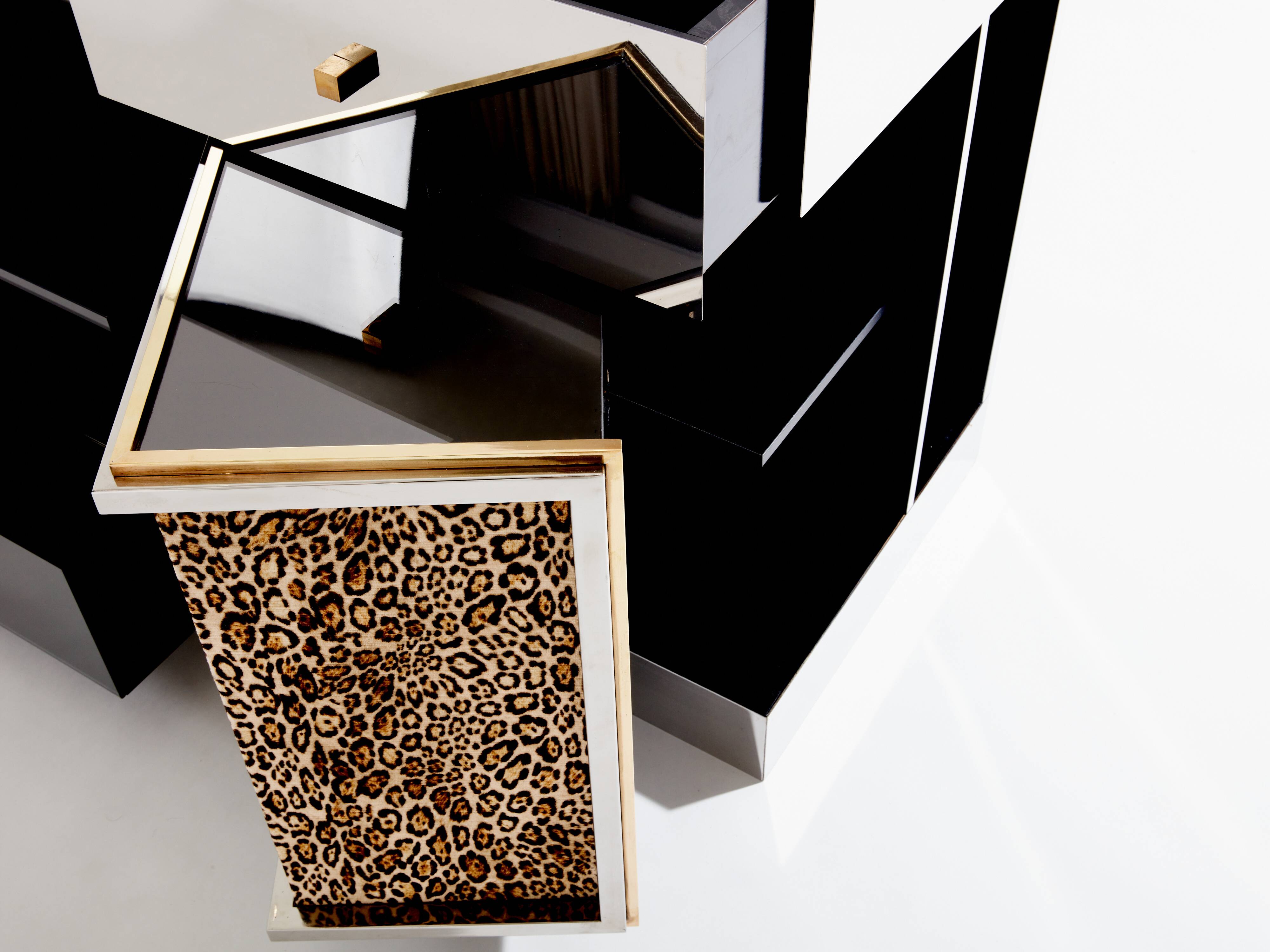 Leopard velvet mirror brass chrome sideboard Michel Pigneres 1969