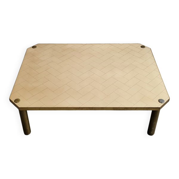 Importante table basse vintage italienne 1960 en formica laiton & acier dor