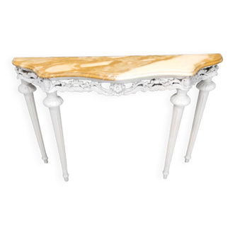 Vintage white lacquered beech console with yellow marble top, italy