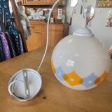 Suspension ball in opaline white geometric patterns orange and blue years 60/70