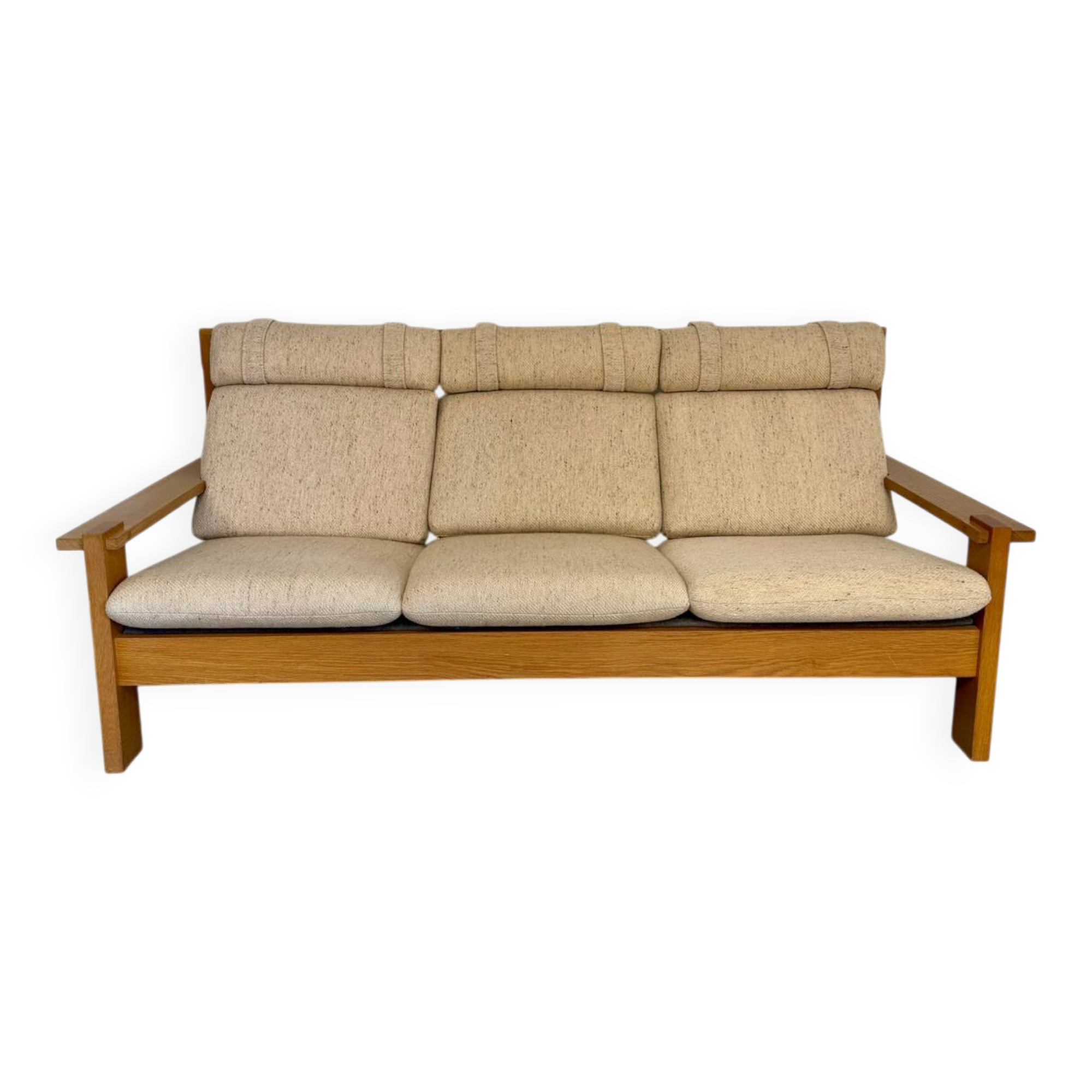 Three-seater canapé in solid oak with Scandinavian design fabric from the 1970s.