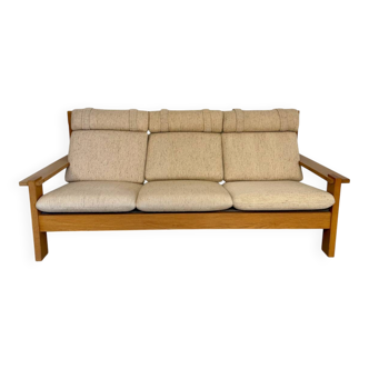 Three-seater canapé in solid oak with Scandinavian design fabric from the 1970s.
