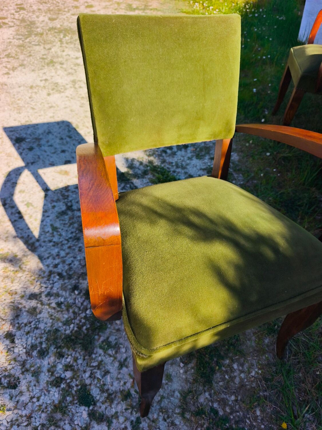 Set of 3 Art Deco bridge chairs in olive green velvet.