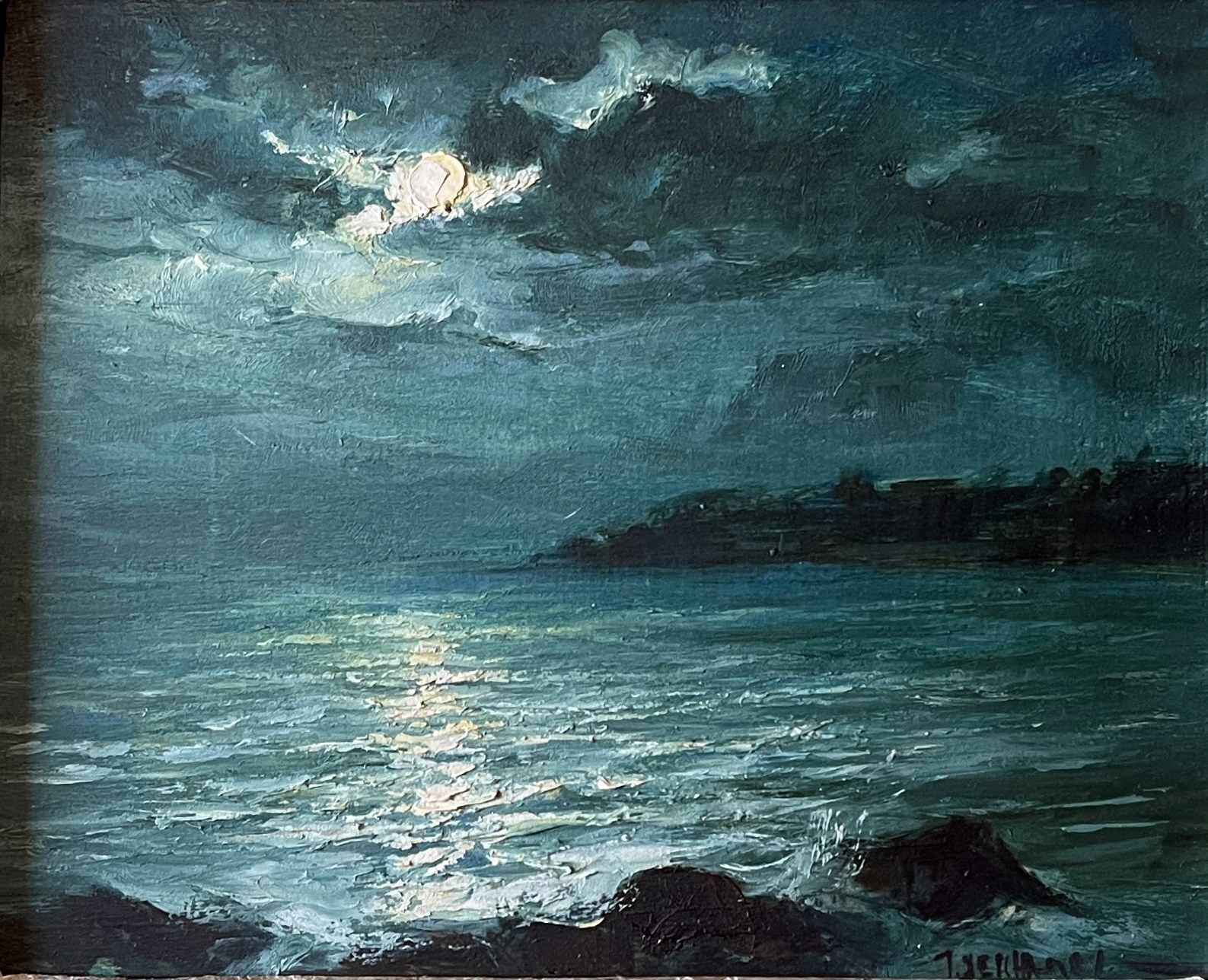 Tableau HSP "clair de lune" Marine signée + cadre (éc. début XX°)
