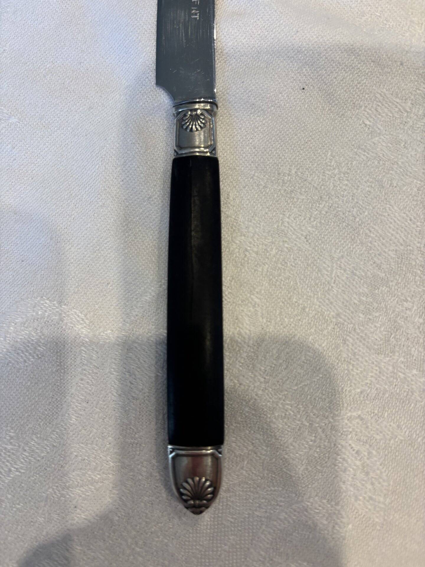 Empire-style knife set in ebony, with silver ferrules and pommels