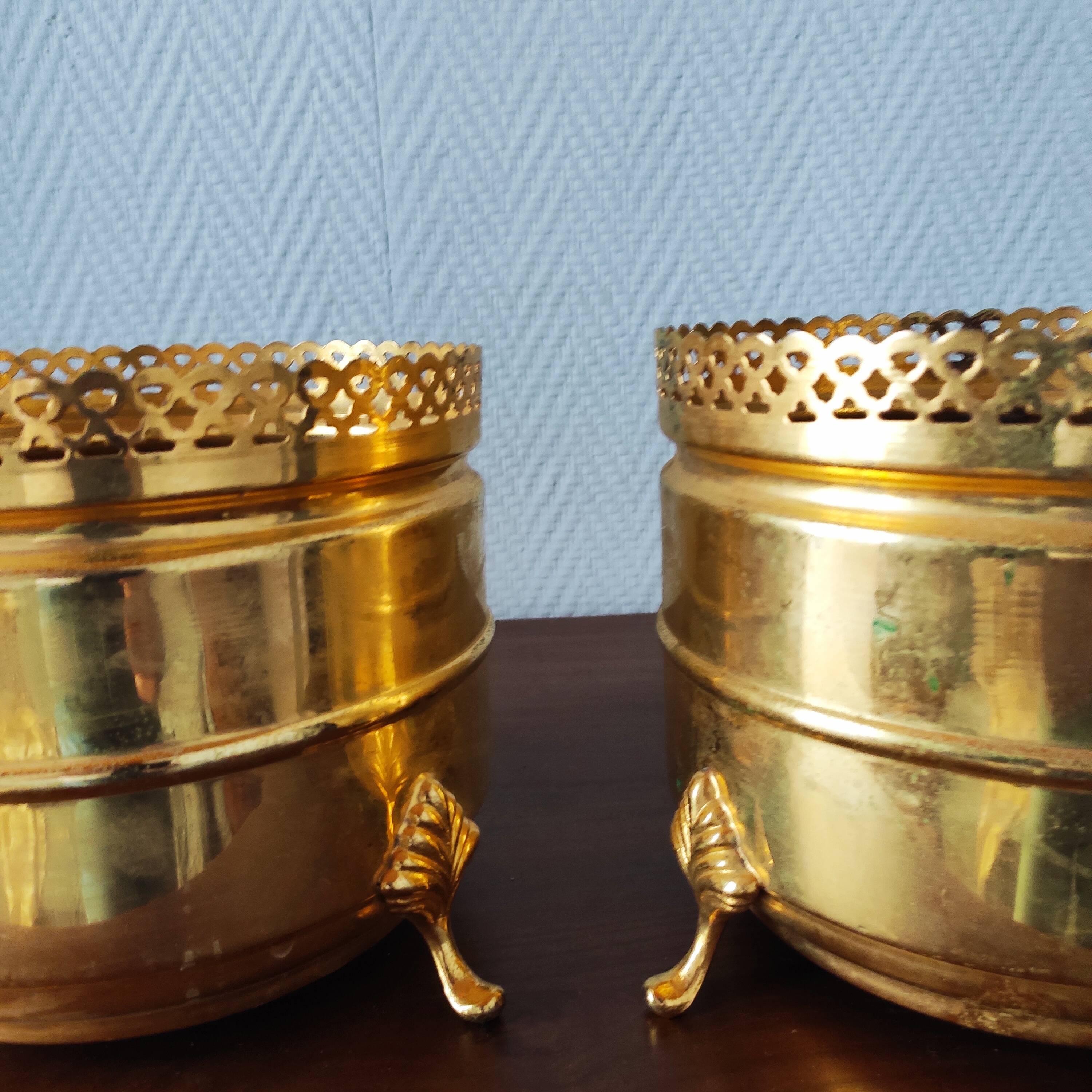 Pair of vintage brass planters with openwork gallery cache-pot.