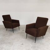 Pair of dark brown rockabilly style armchairs in new vintage condition