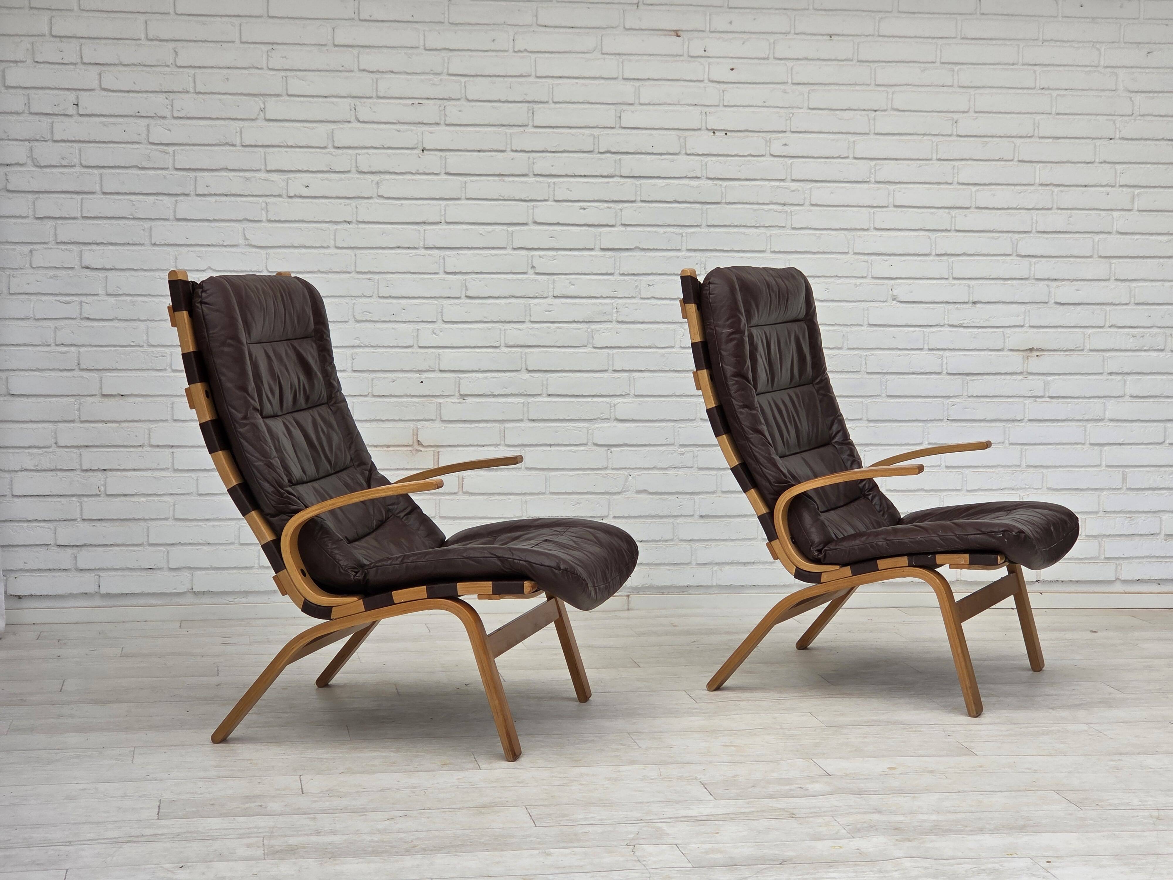 1970s, Danish design by Farstrup, set of 2 armchairs, furniture leather.