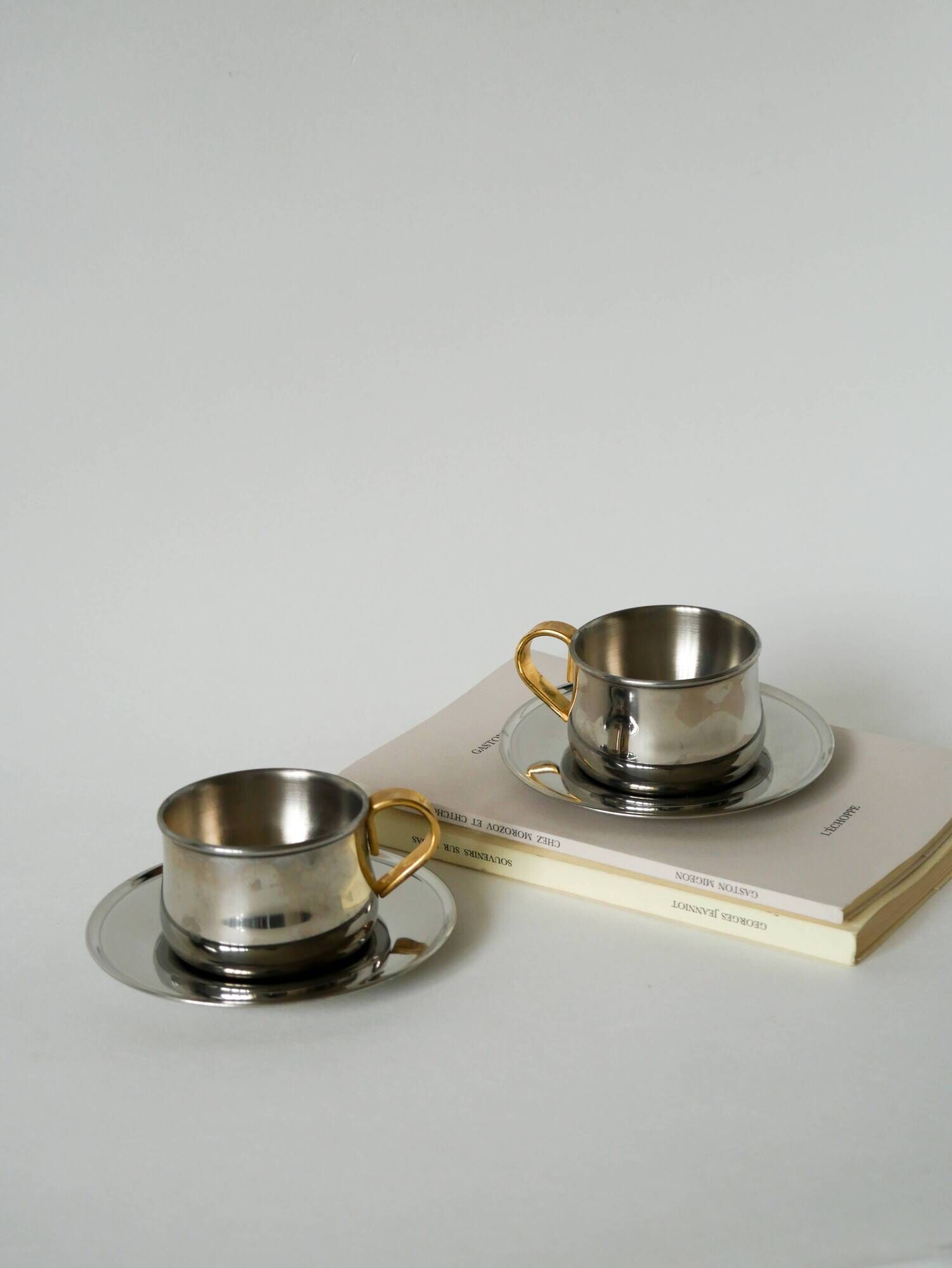 Duo of double-walled stainless steel espresso cups Made in Italy, Design 1970
