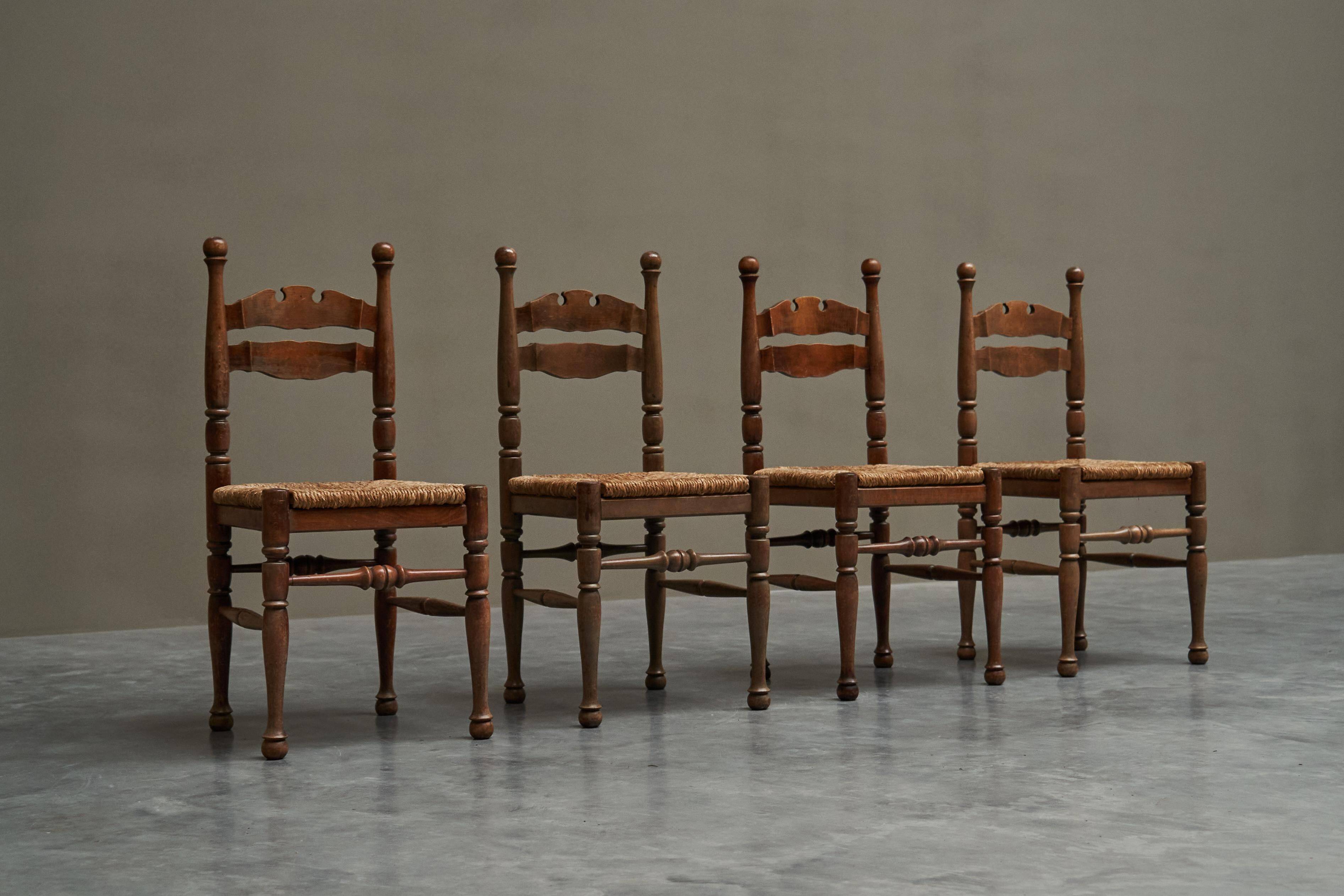Set of 4 oak and bamboo chairs, 1950s.