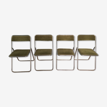 Set de 4 anciennes chaises pliantes vintage, chrome et velour vert