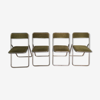 Set of 4 vintage folding chairs, chrome and green velvet