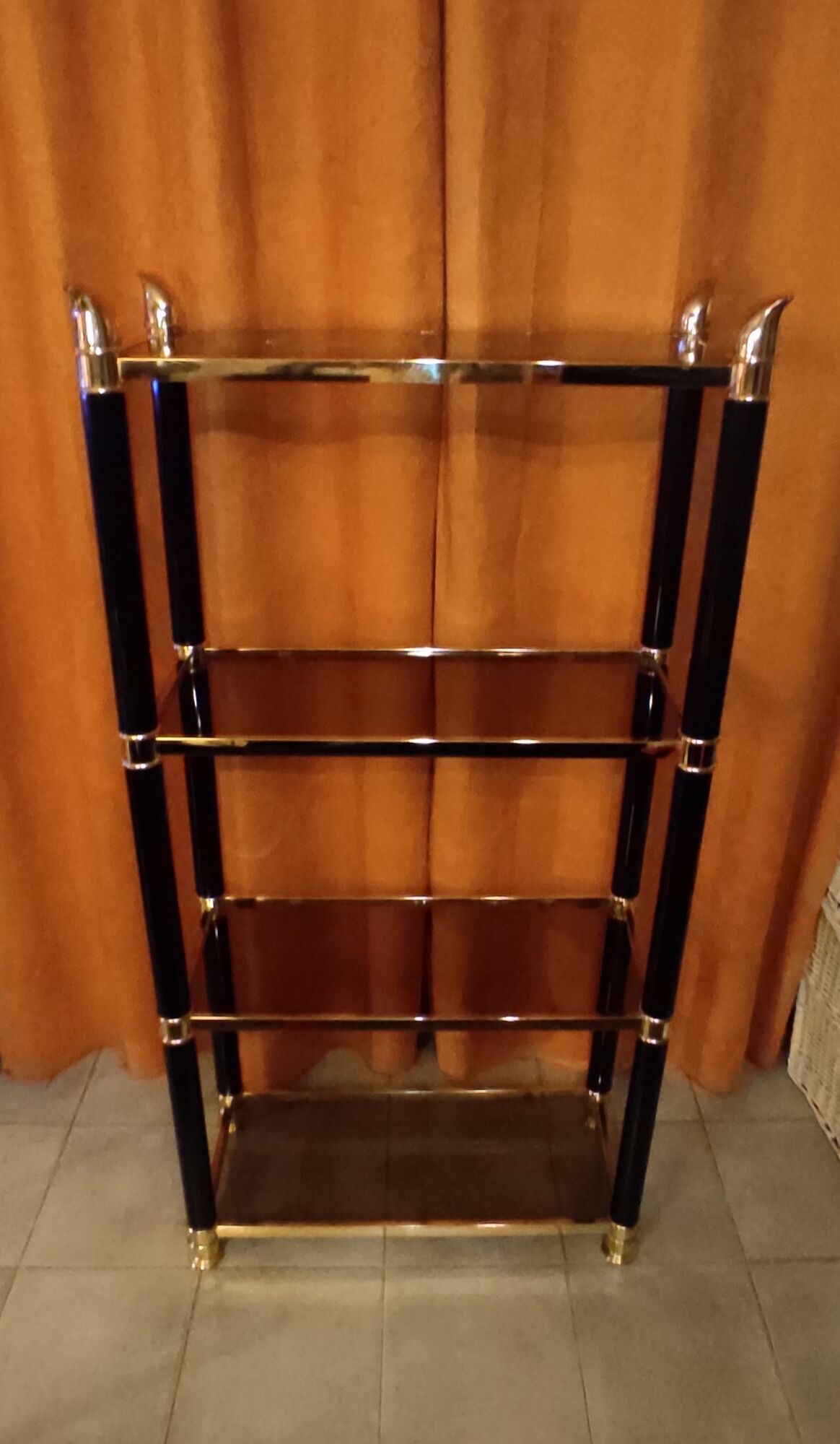 Shelf, Chinese, black and gold metal, smoked glass