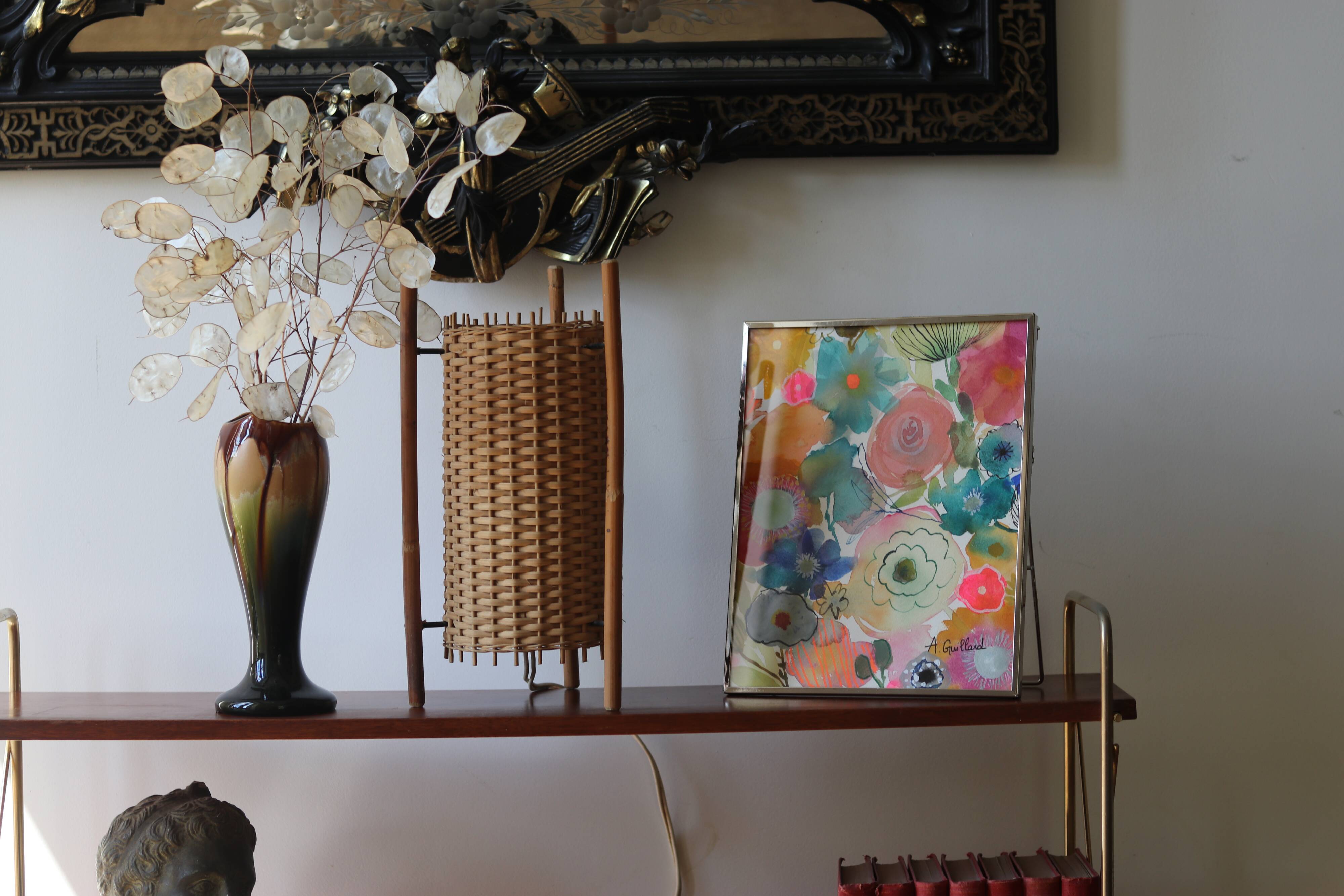 1960s woven rattan lamp, bamboo tripod structure. Superb l