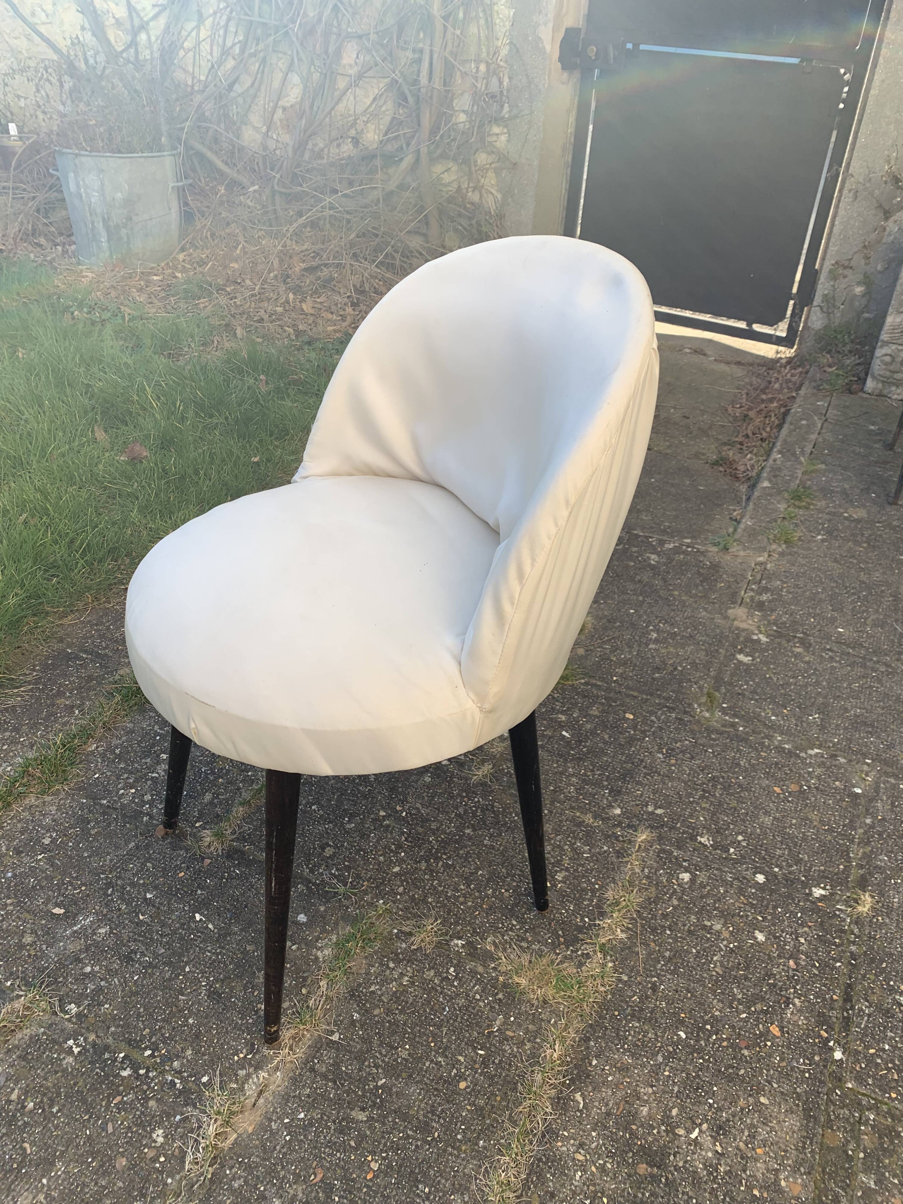 Vintage 1950s white satin armchair with compass legs
