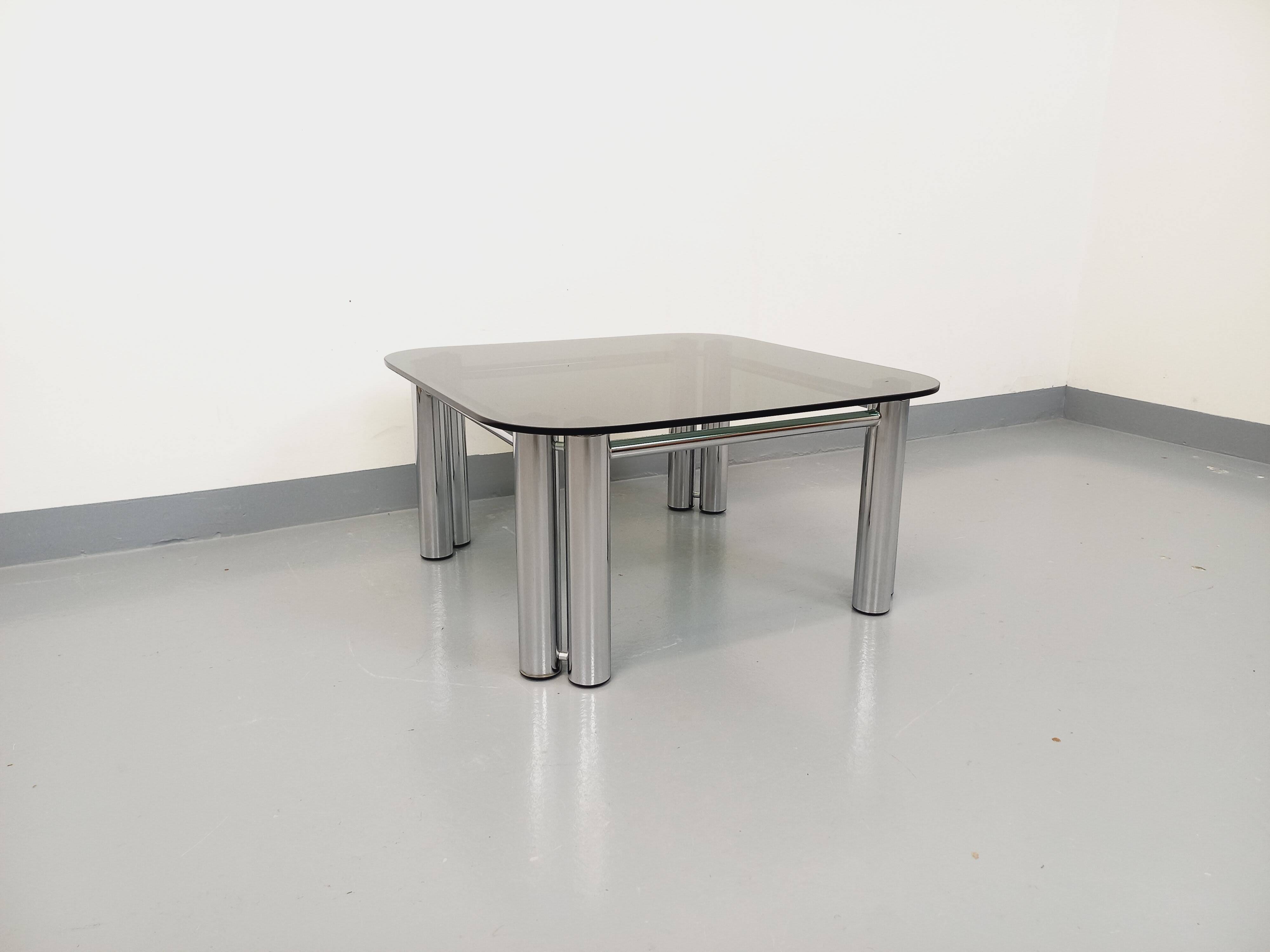 Vintage Italian Space Age square coffee table in smoked glass and chrome metal
