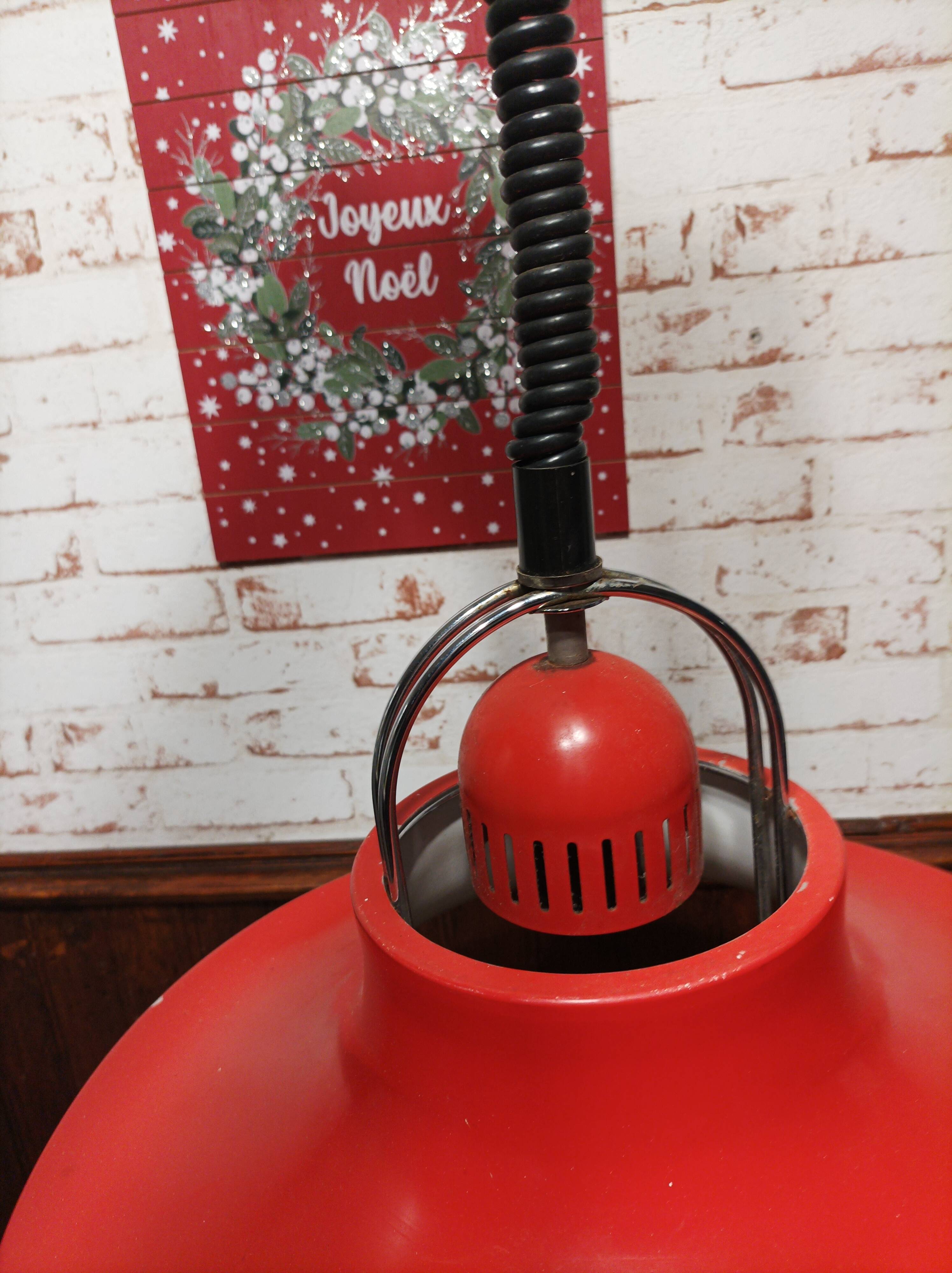 Suspension, red and white metal chandelier from the 70s
