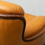 Pair of leather and wood armchairs 1950s vintage modernism