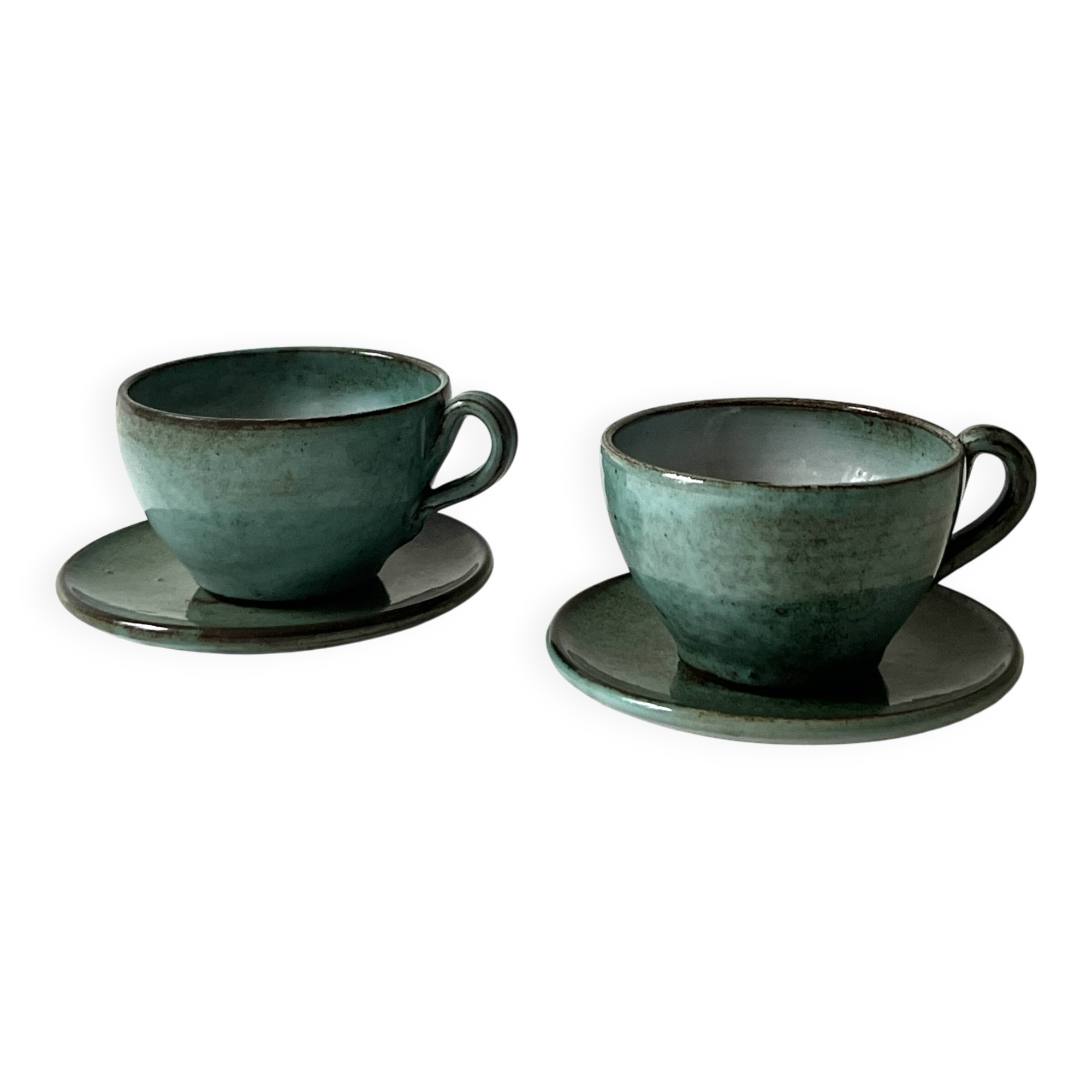 Handmade and signed glazed ceramic coffee cups, circa 1950.