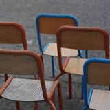 8 vintage wooden and metal school chairs
