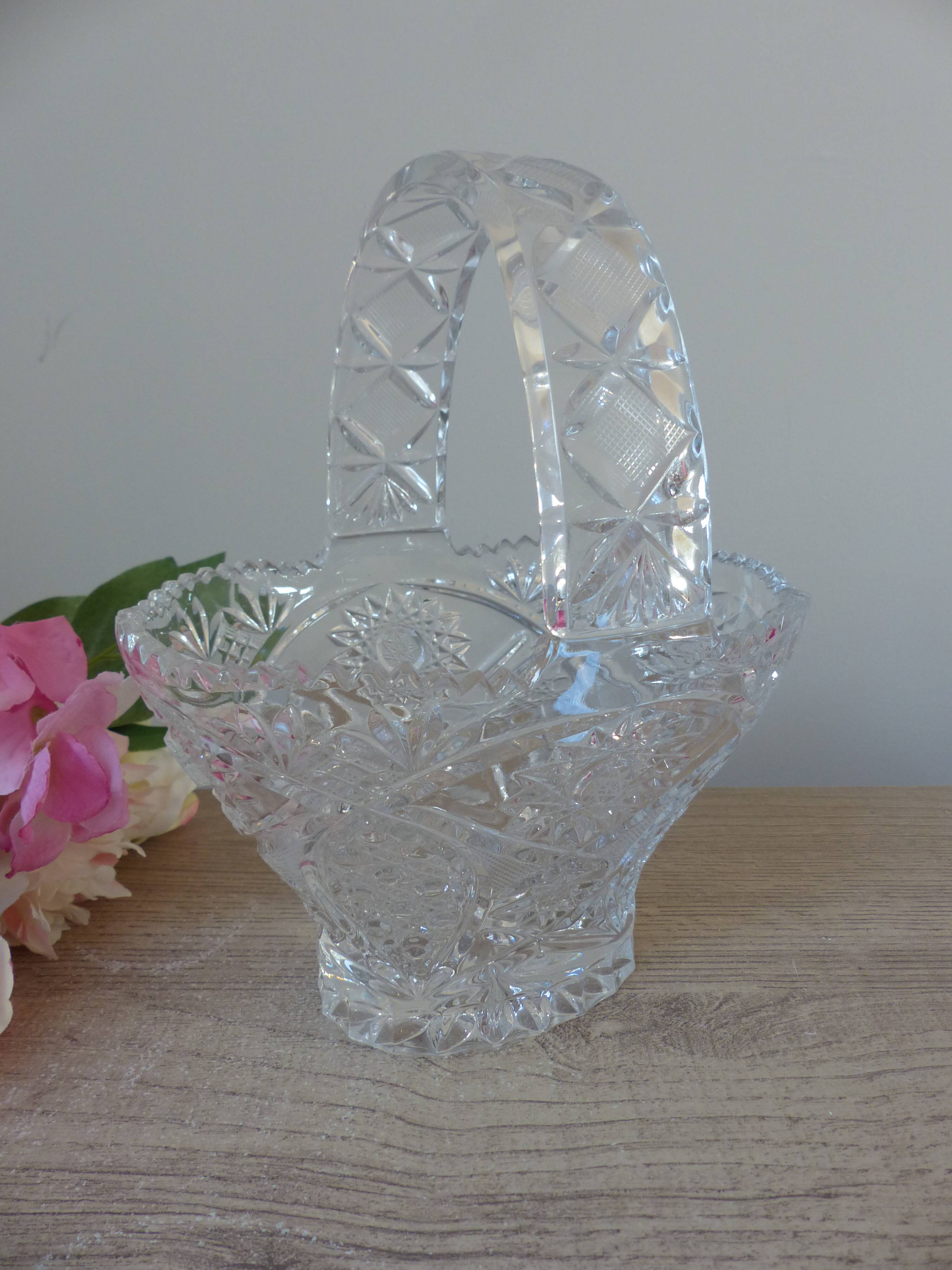 Vintage 1970s crystal basket – oval bowl with handle