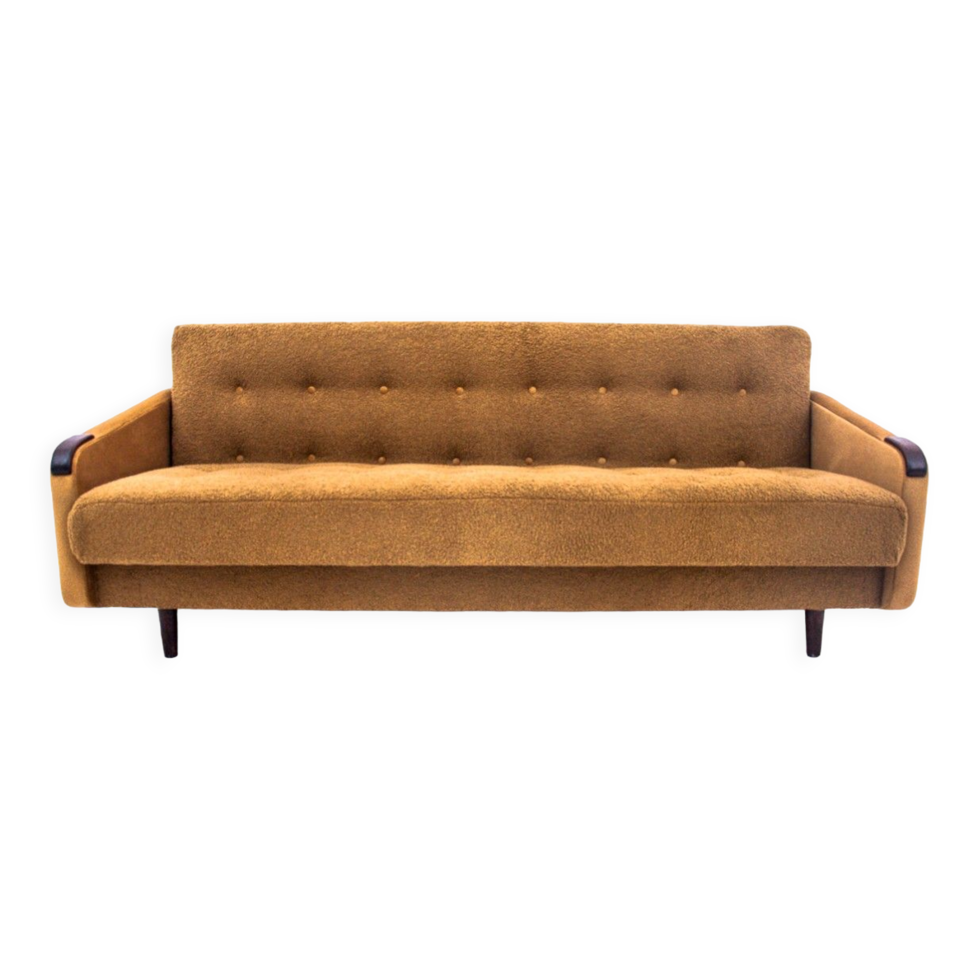 Midcentury modern yellow fabric bouclé sofa, Denmark, 1960s. After restoration.