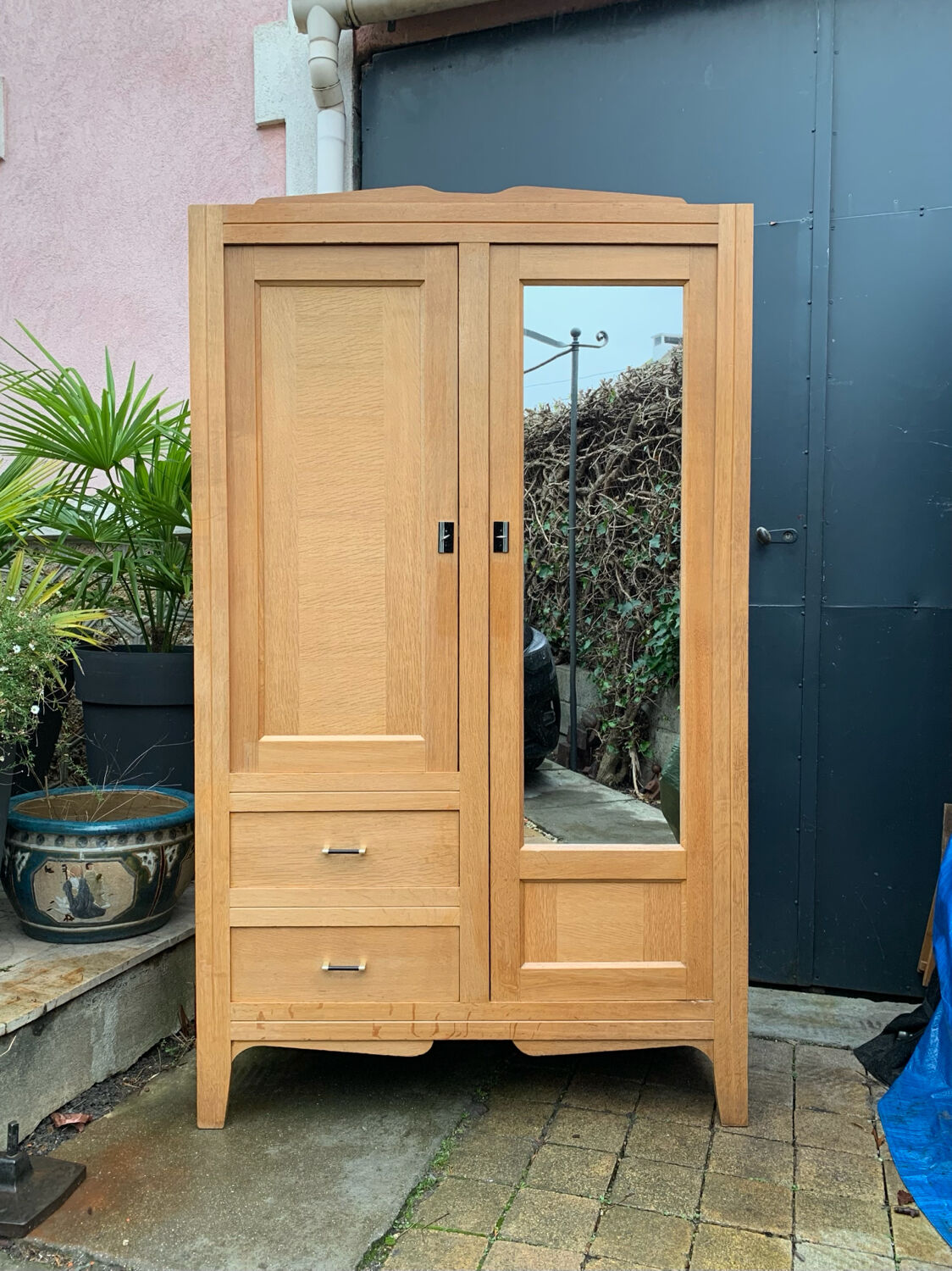 Vintage Parisian hotel wardrobe, blonde oak, 1950s.