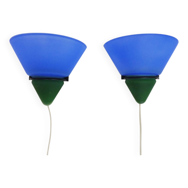 Paire d'appliques murales vintage Vandeheg Lotus bleu et verte. Années 80