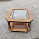 Table basse en verre biseauté et loupe d'orme années 70