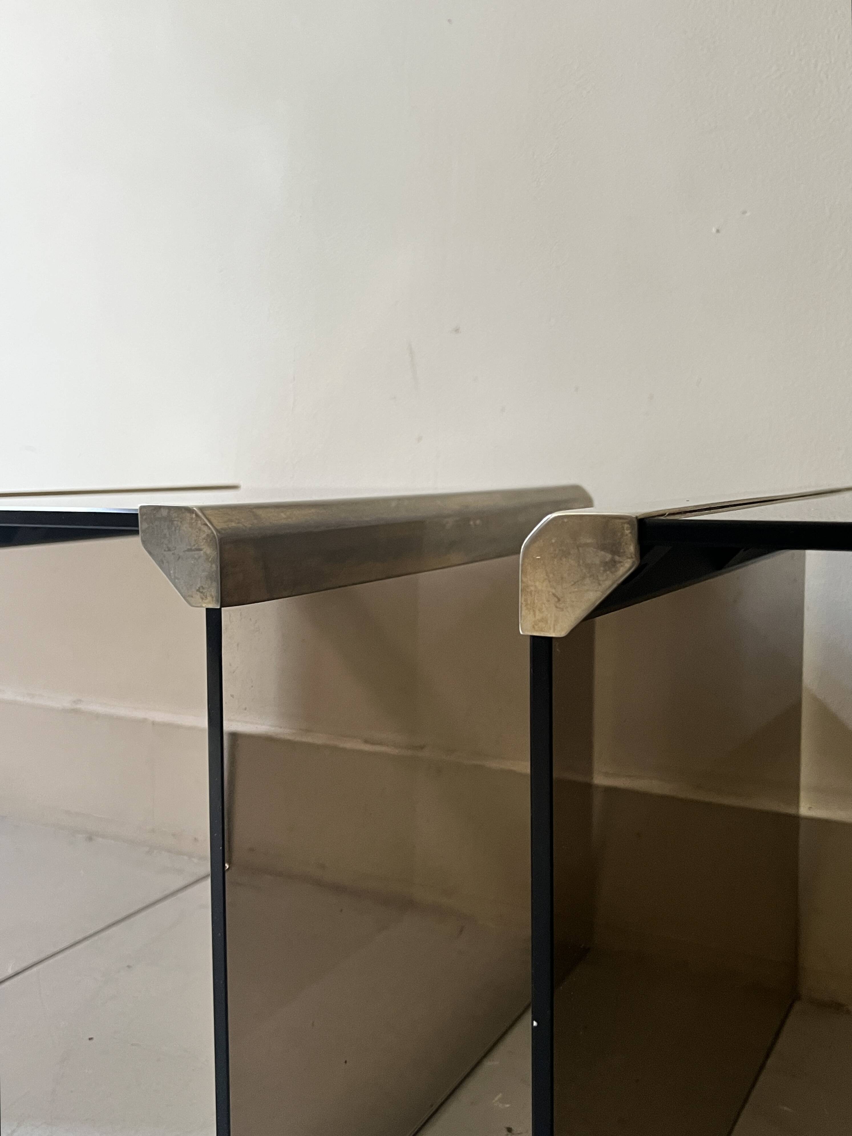 Design bedside table in metal & smoked glass, Roche Bobois 1970.