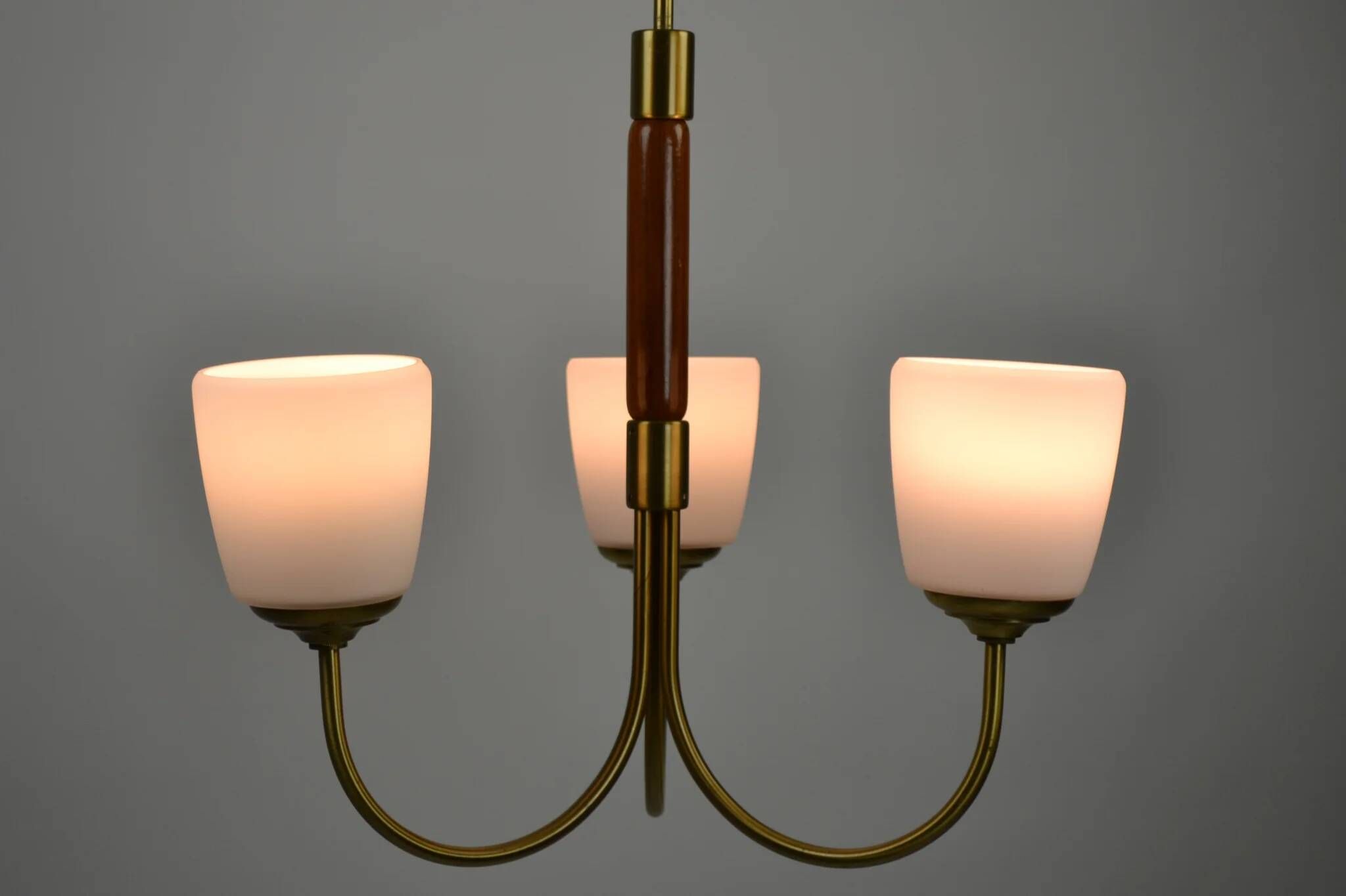 Scandinavian Modern Three-Light Pendant in Brass, Teak and Opaline Glass, 1960s