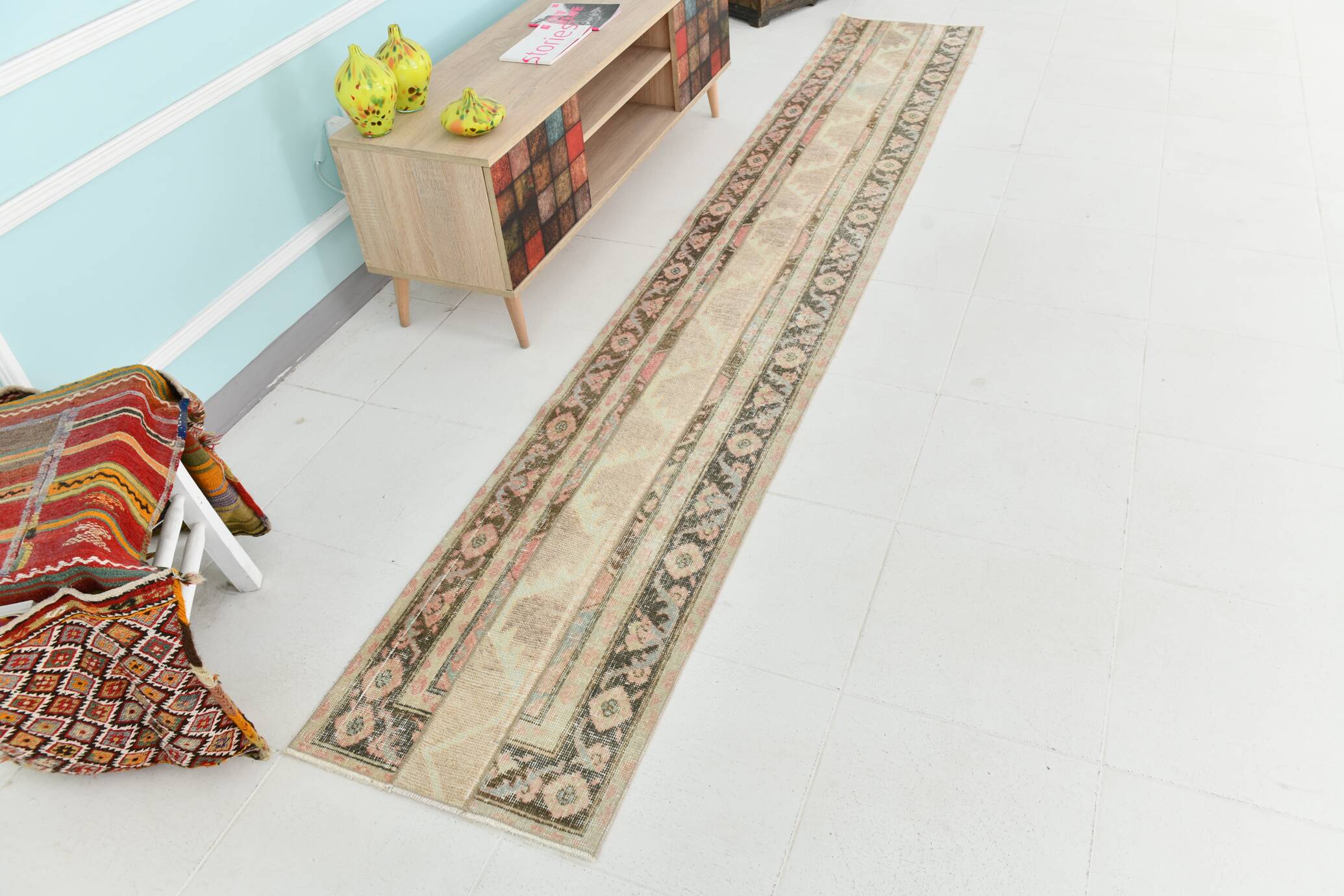 2x11 Dark Green & Beige Turkish Runner Rug, 55x338Cm