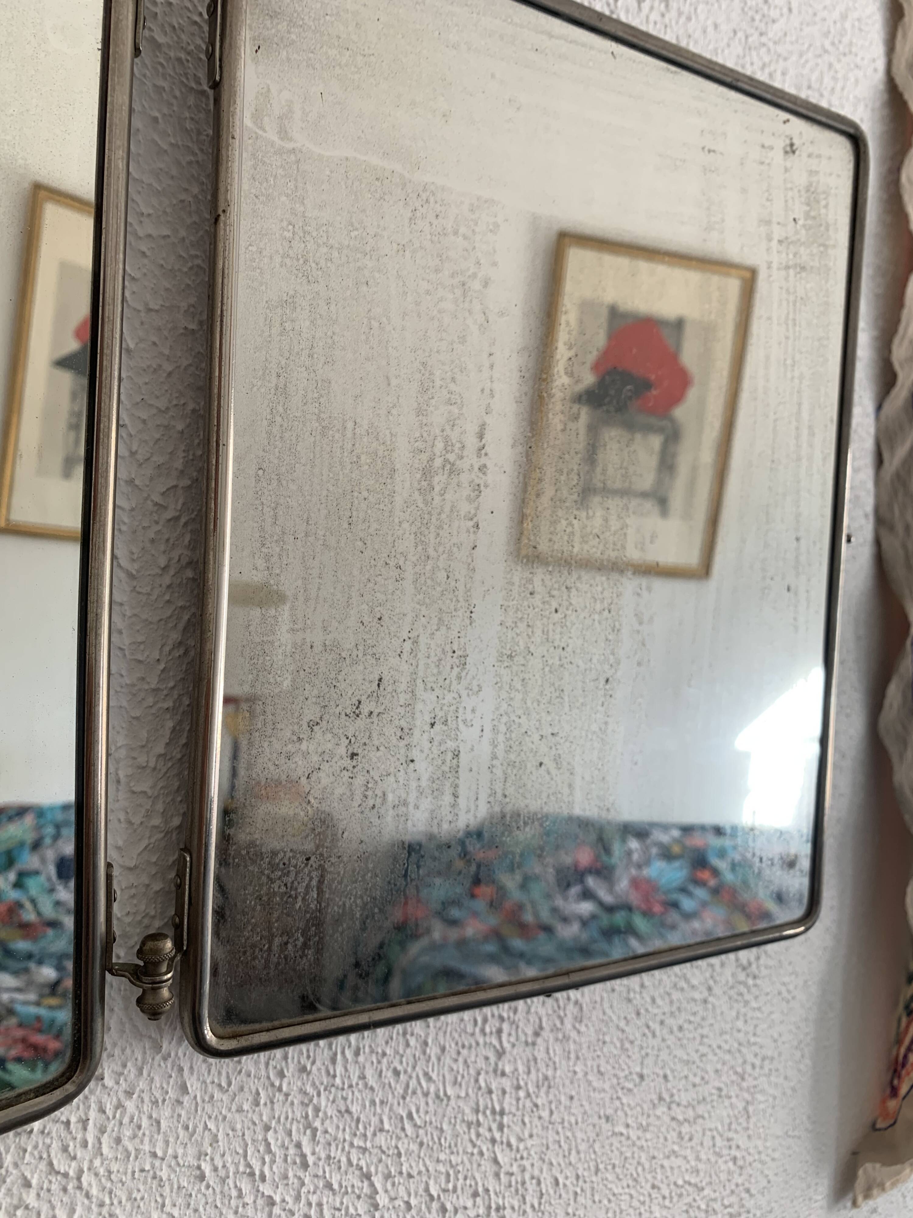 Vintage 1930s triptych barber mirror faux shagreen brown - 30 x 77 cm