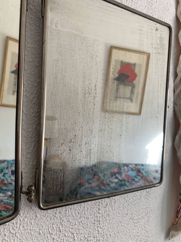 Miroir vintage 1930 triptyque barbier simili galuchat brun - 30 x 77 cm