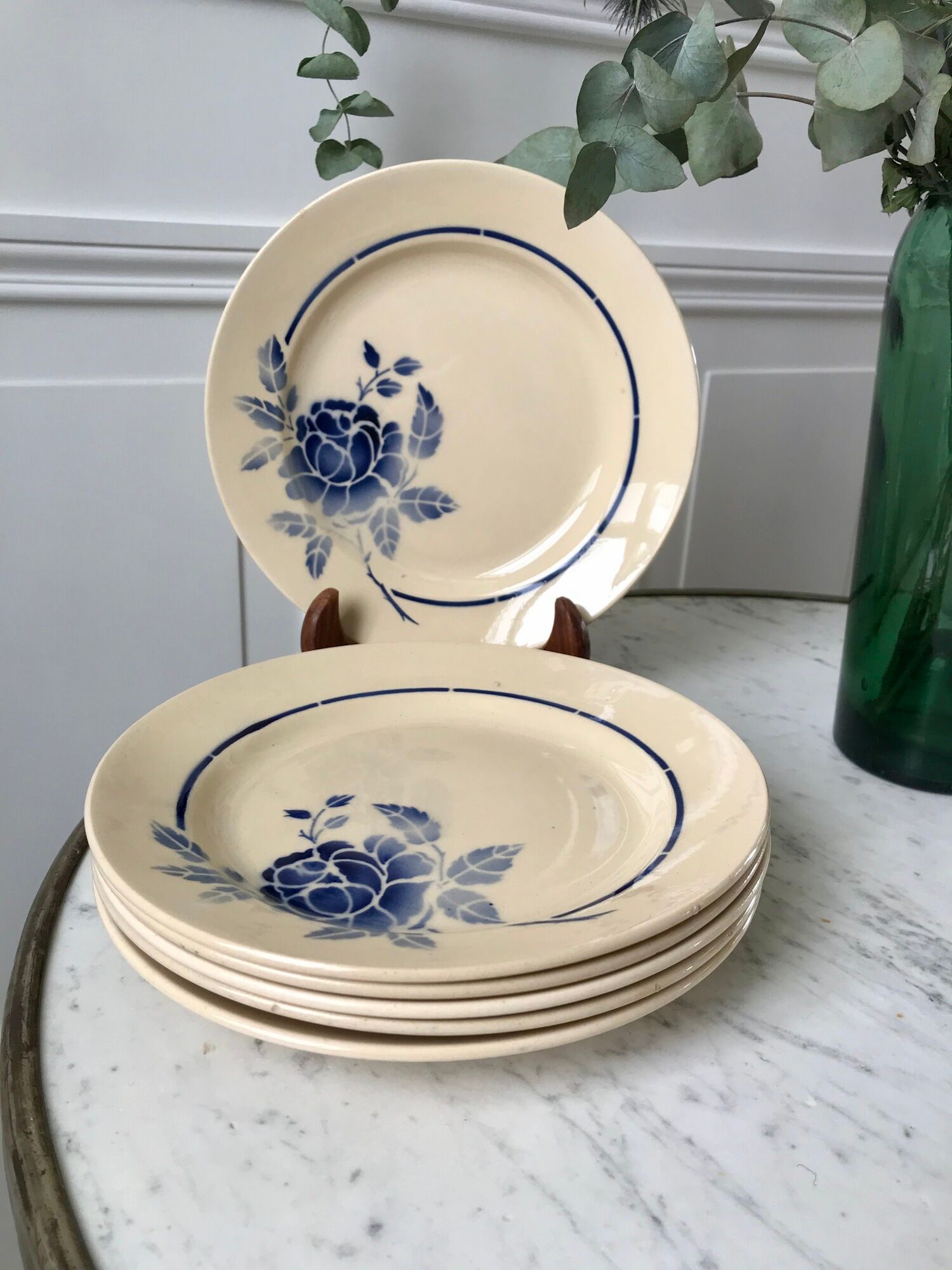 Set of 6 flat plates blue flowers Saint-Amand years 30-40