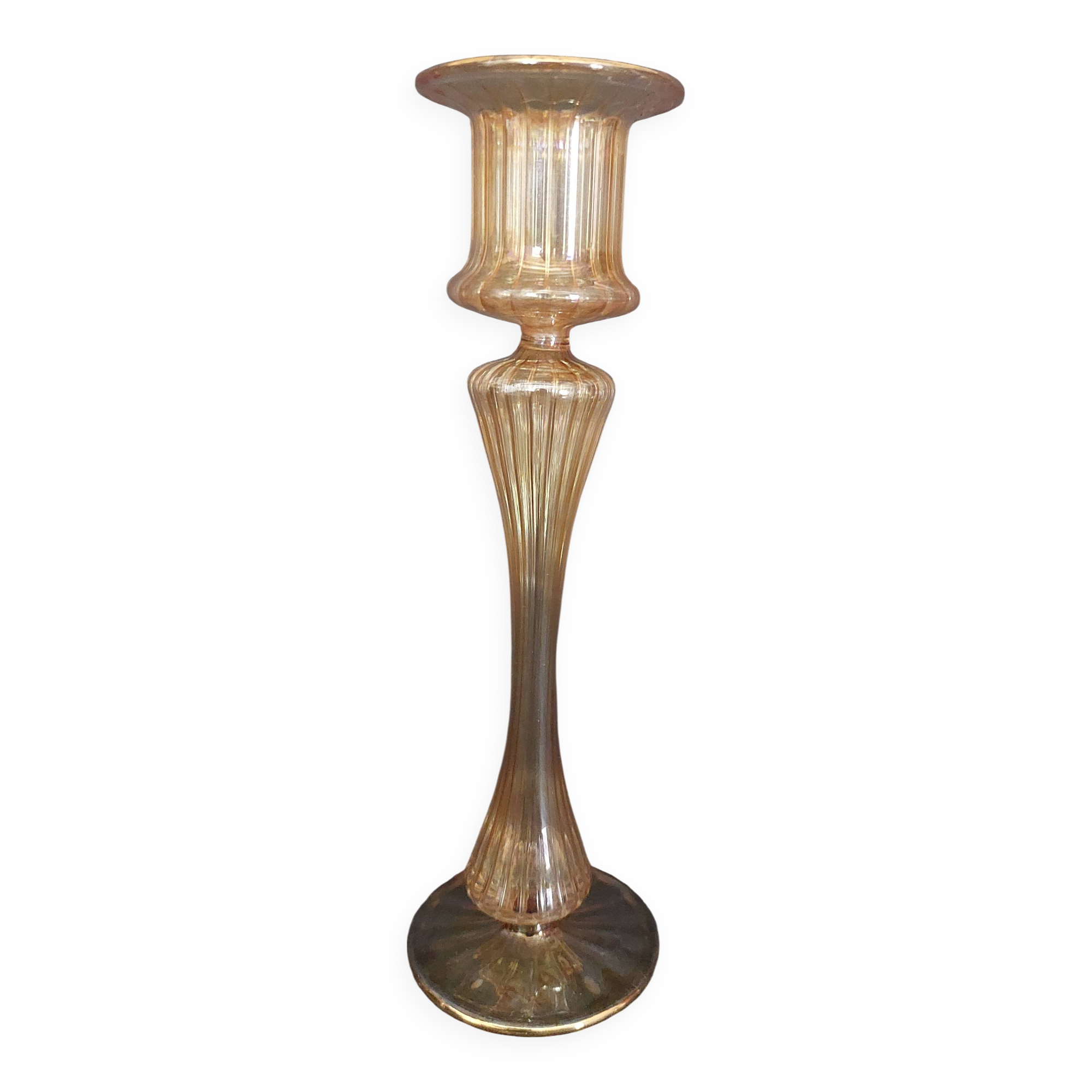 Vintage Murano transparent glass candle holder with gold threads