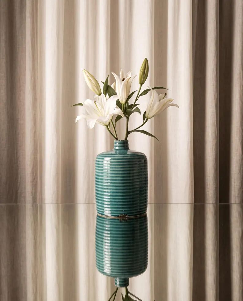 Duck blue ribbed glazed ceramic bottle vase – Mid-Century style