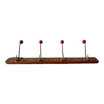 Vintage carved wooden wall coat rack - 4 red balls