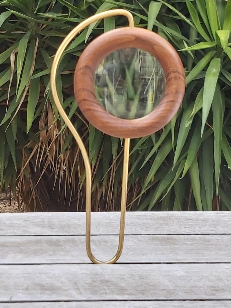 Scandinavian design magnifier wood and brass