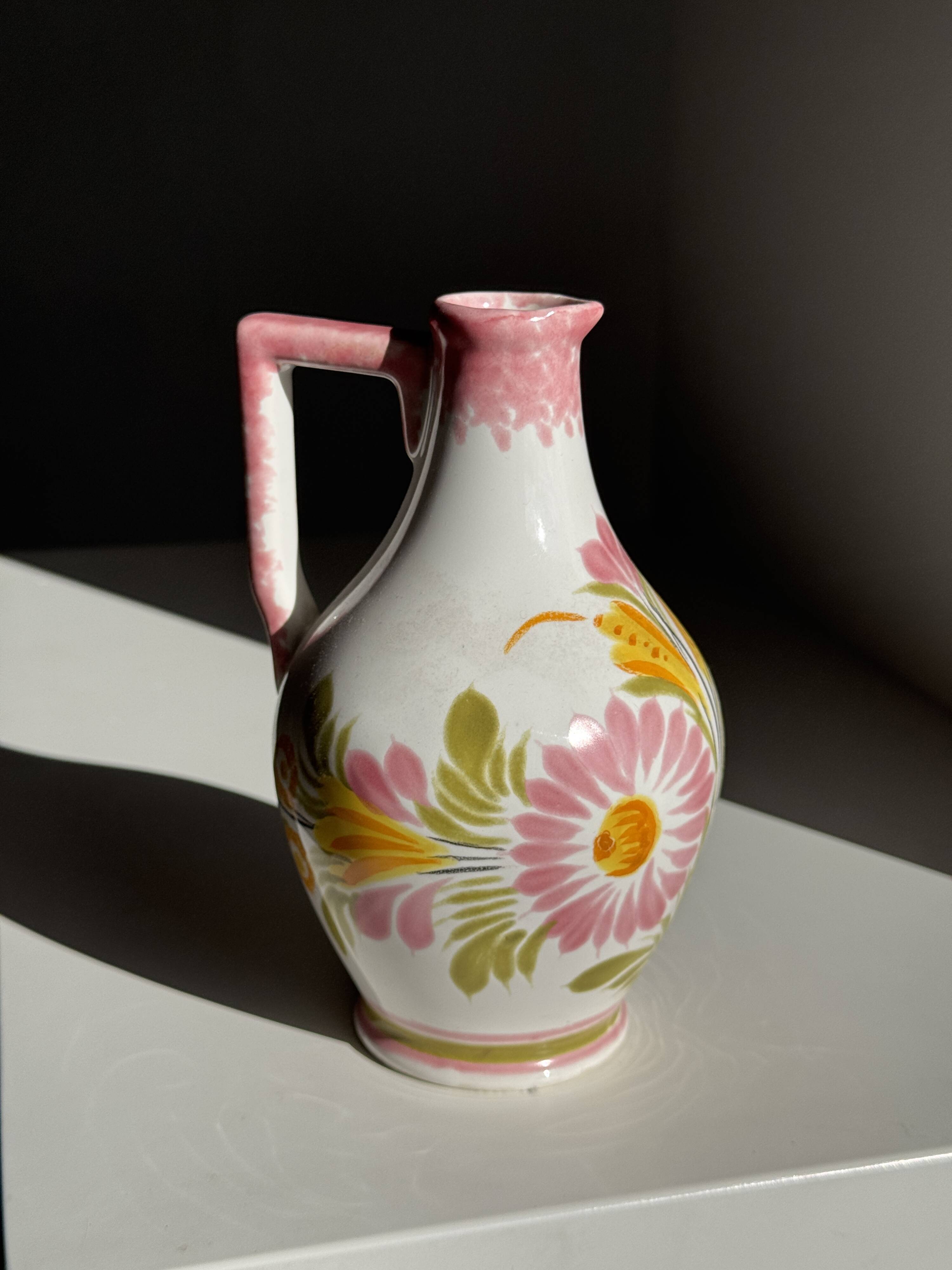 Mini vase with stylised flowers in green and yellow roses, H15.5.