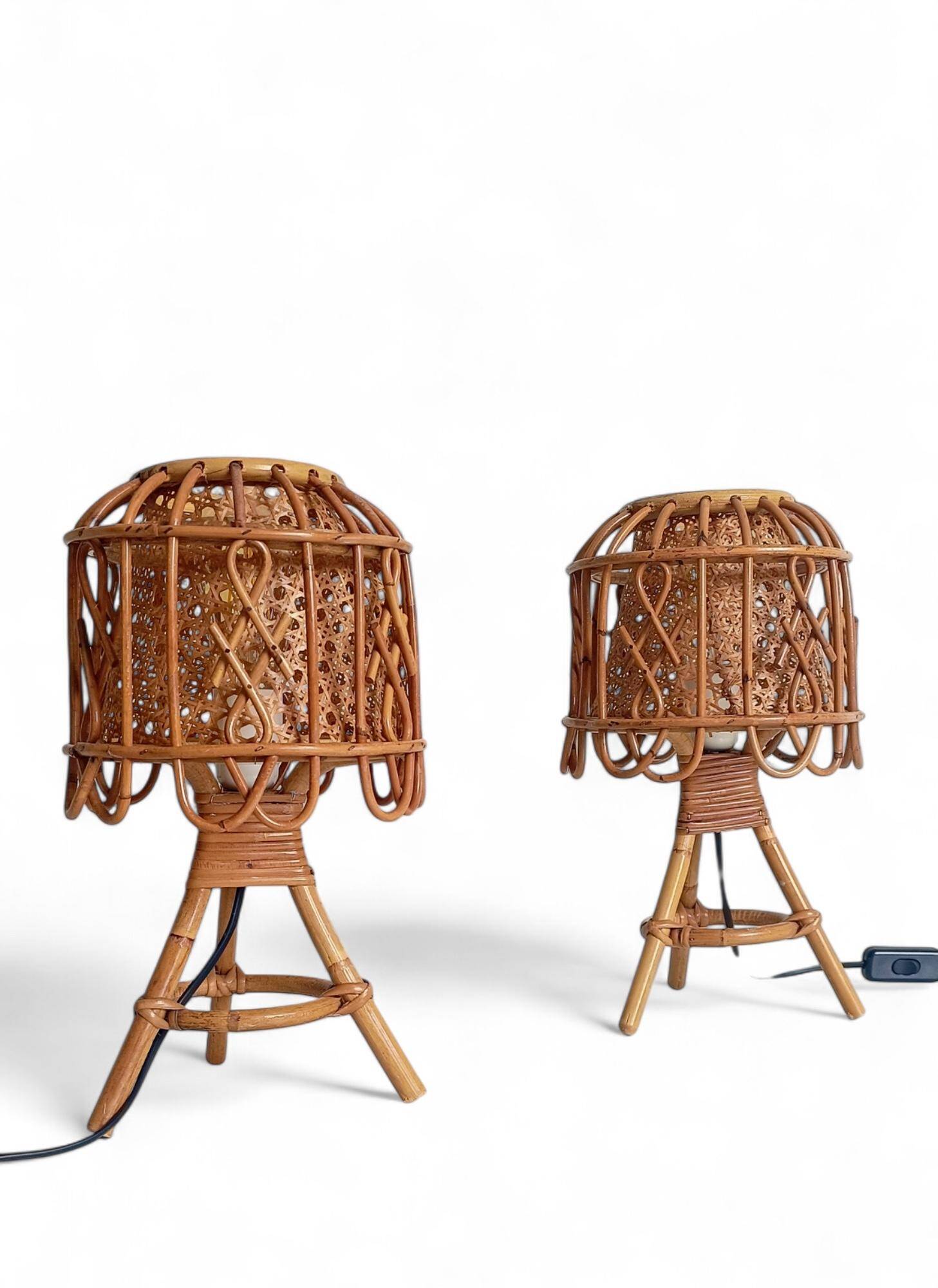 Mid-Century French Riviera Bamboo and Rattan Table Lamps, 1960s