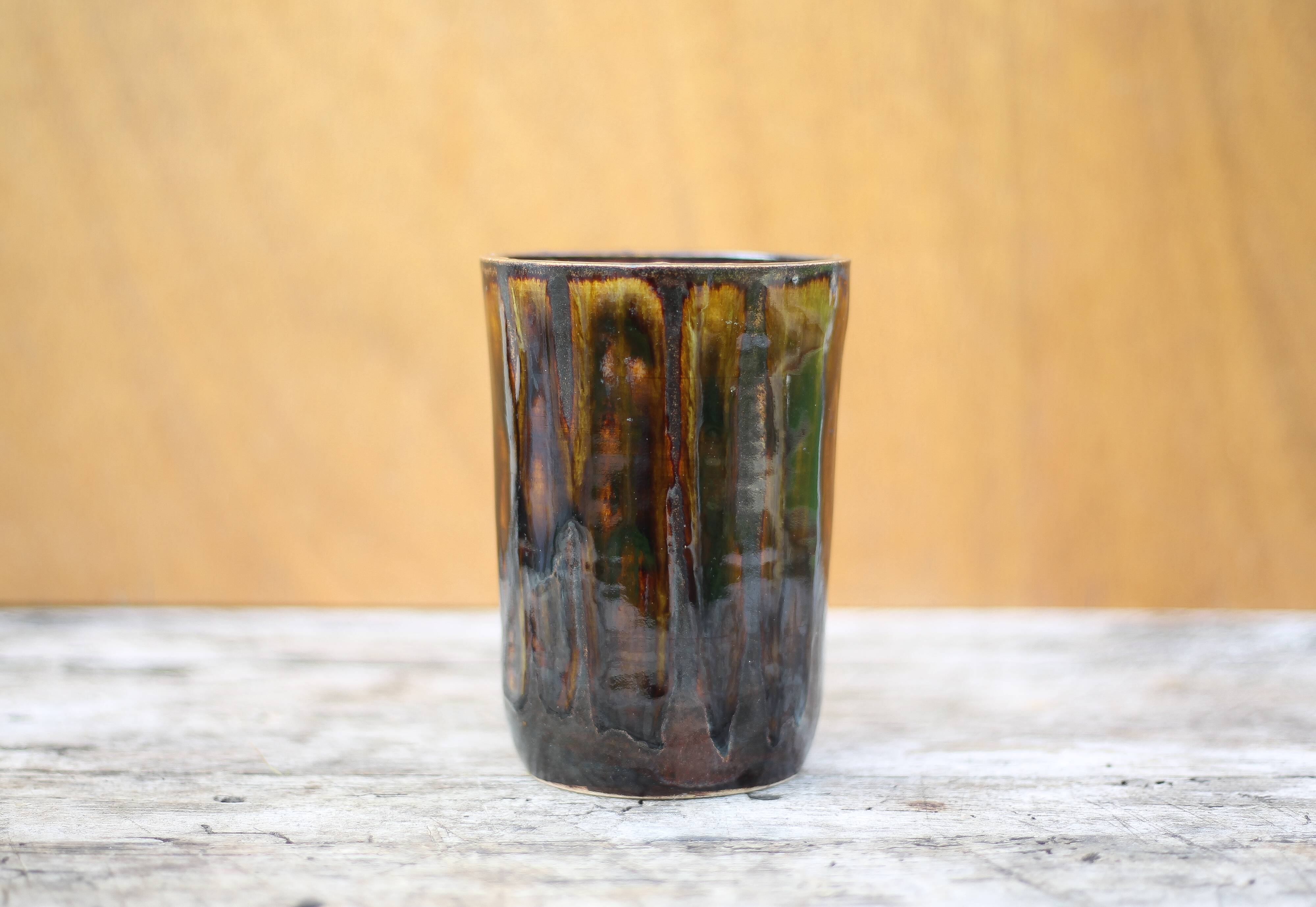 Glazed stoneware vase with drips, vintage signed vase, flower pot