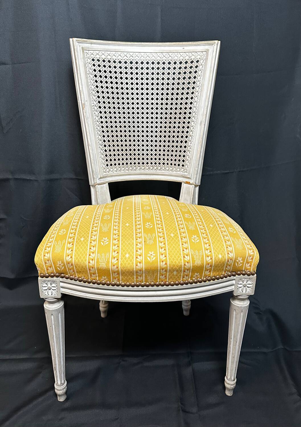 4 Louis XVI chairs - Pierre Frey fabric seat - cane back