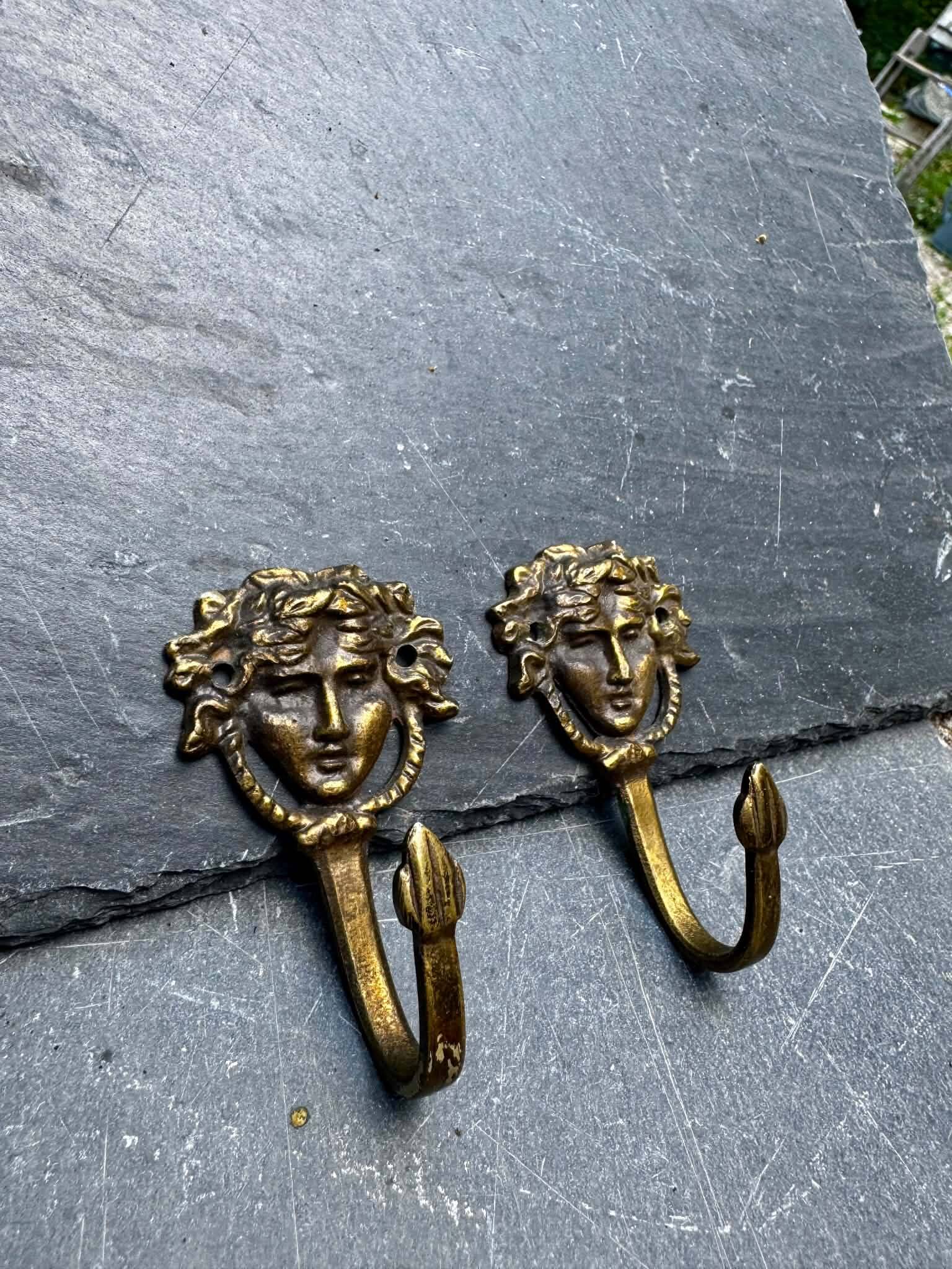 2 brass coat hooks caryatids Art Nouveau